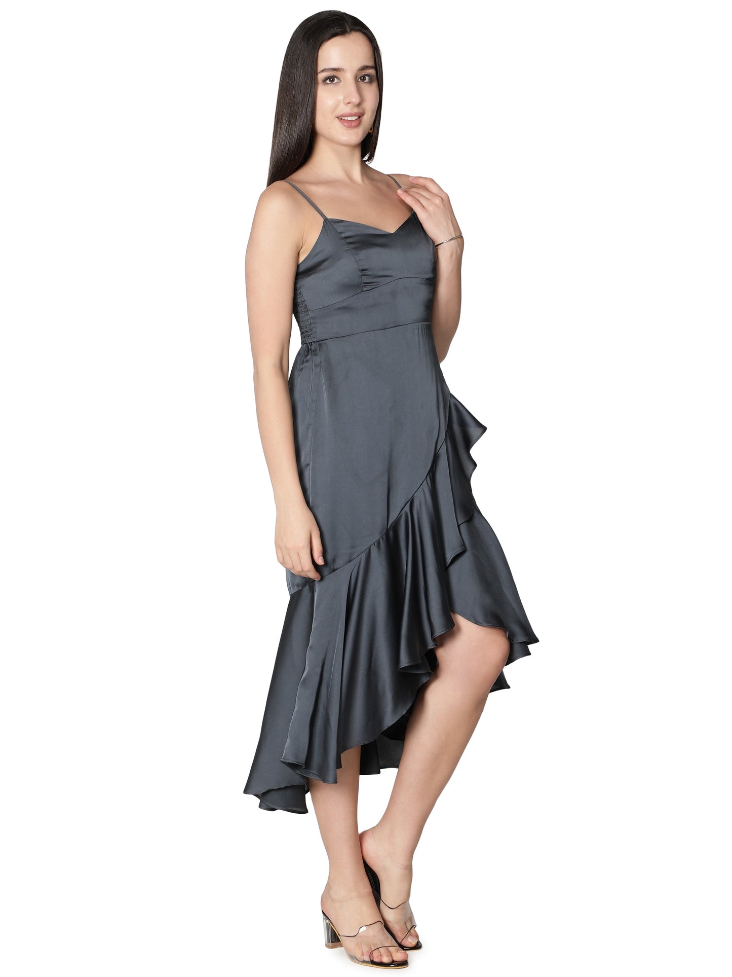 NUEVOSDAMAS Women Satin Lycra Solid Designer Dress | Latest Western Warp Frill Dress for Women