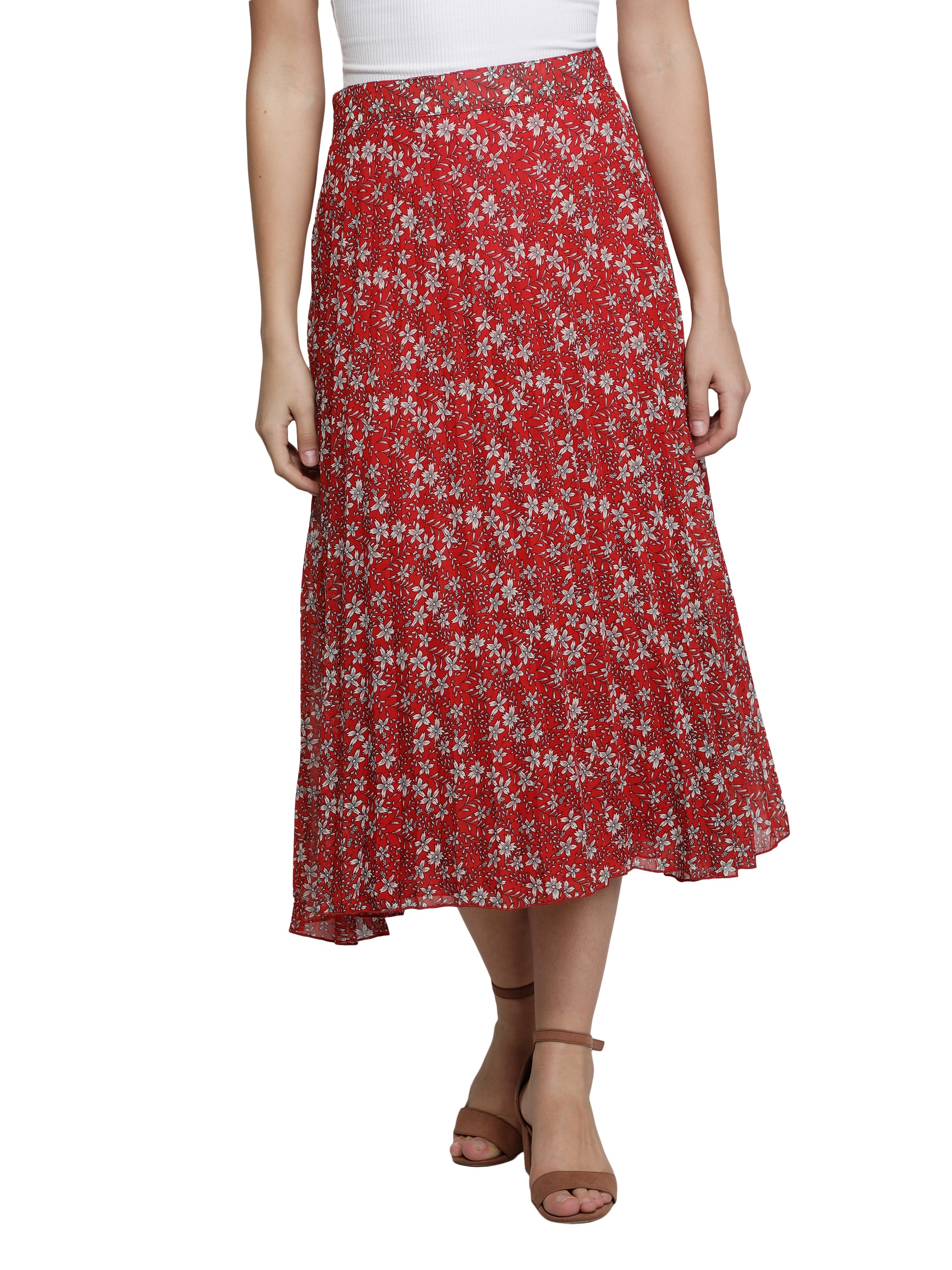 Women Floral Print Pleated Red Skirt freeshipping - NUEVOSDAMAS