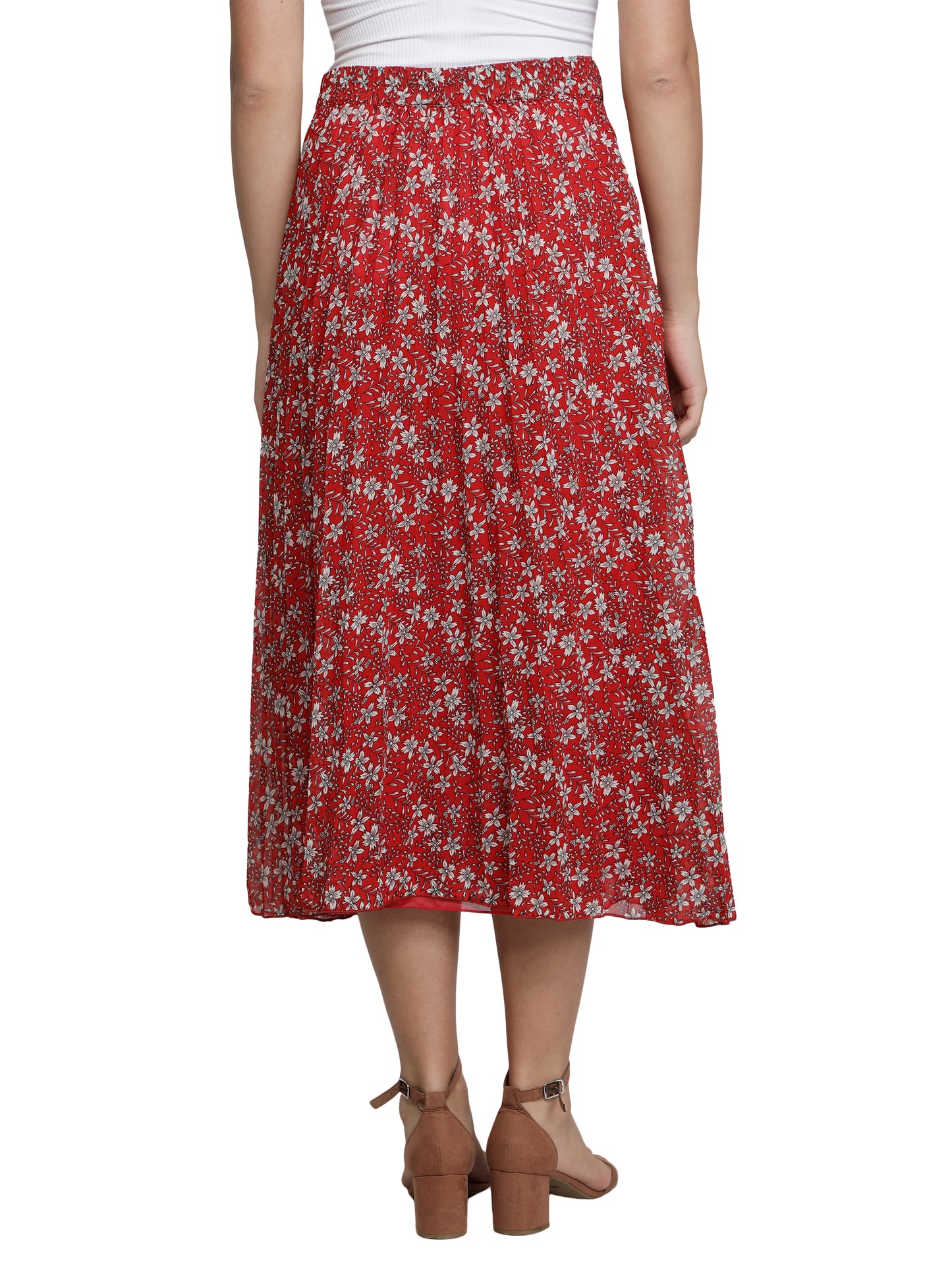 Women Floral Print Pleated Red Skirt freeshipping - NUEVOSDAMAS