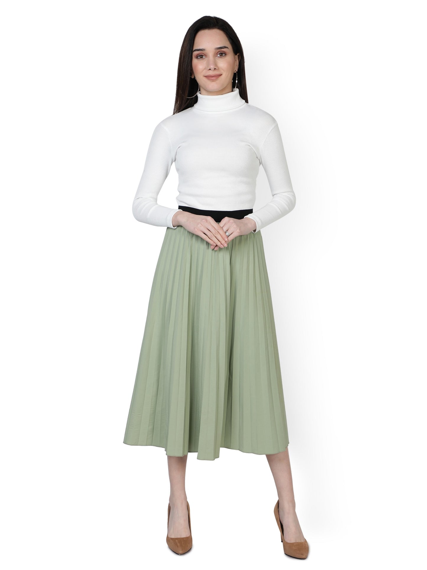 NUEVOSDAMAS Women Western Poly Lycra Solid Skirt | Latest Stylish A- Line Skirt for Summer | Party Casual Knee Length Skirt_ Green