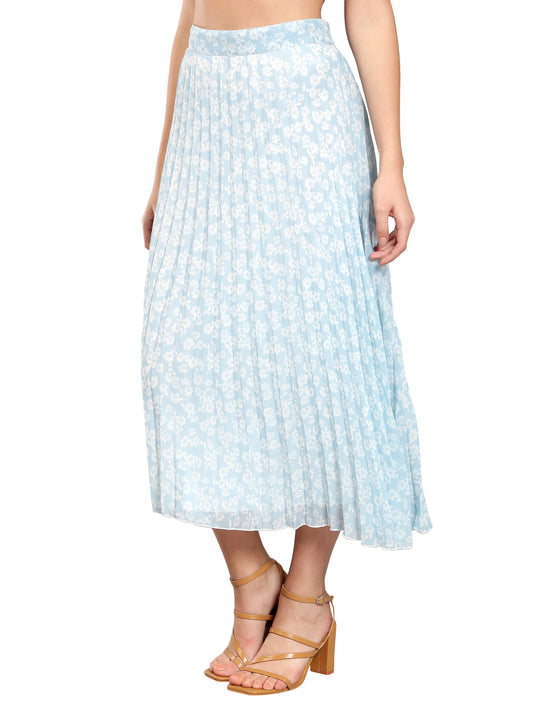 NUEVOSDAMAS Women Georgette Floral Printed Pleated Light Blue Skirt