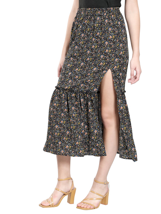 NUEVOSDAMAS Floral Printed Side Slit Frill Black Skirt