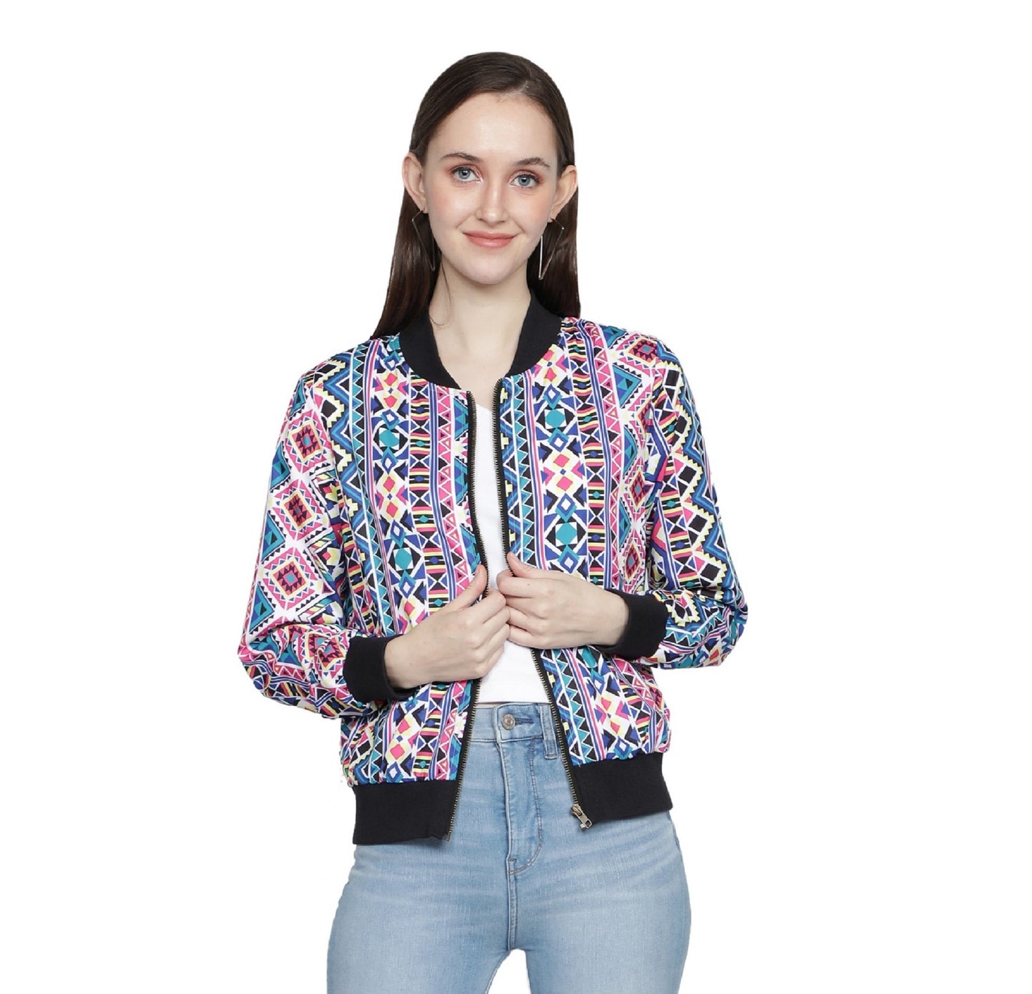 NUEVOSDAMAS woman's Bomber Jacket Multicolored Geometric Pink