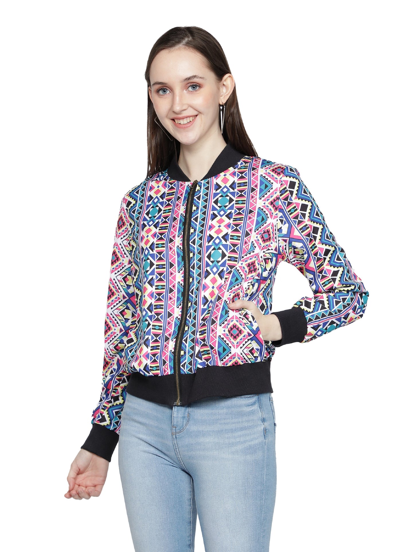 NUEVOSDAMAS woman's Bomber Jacket Multicolored Geometric Pink