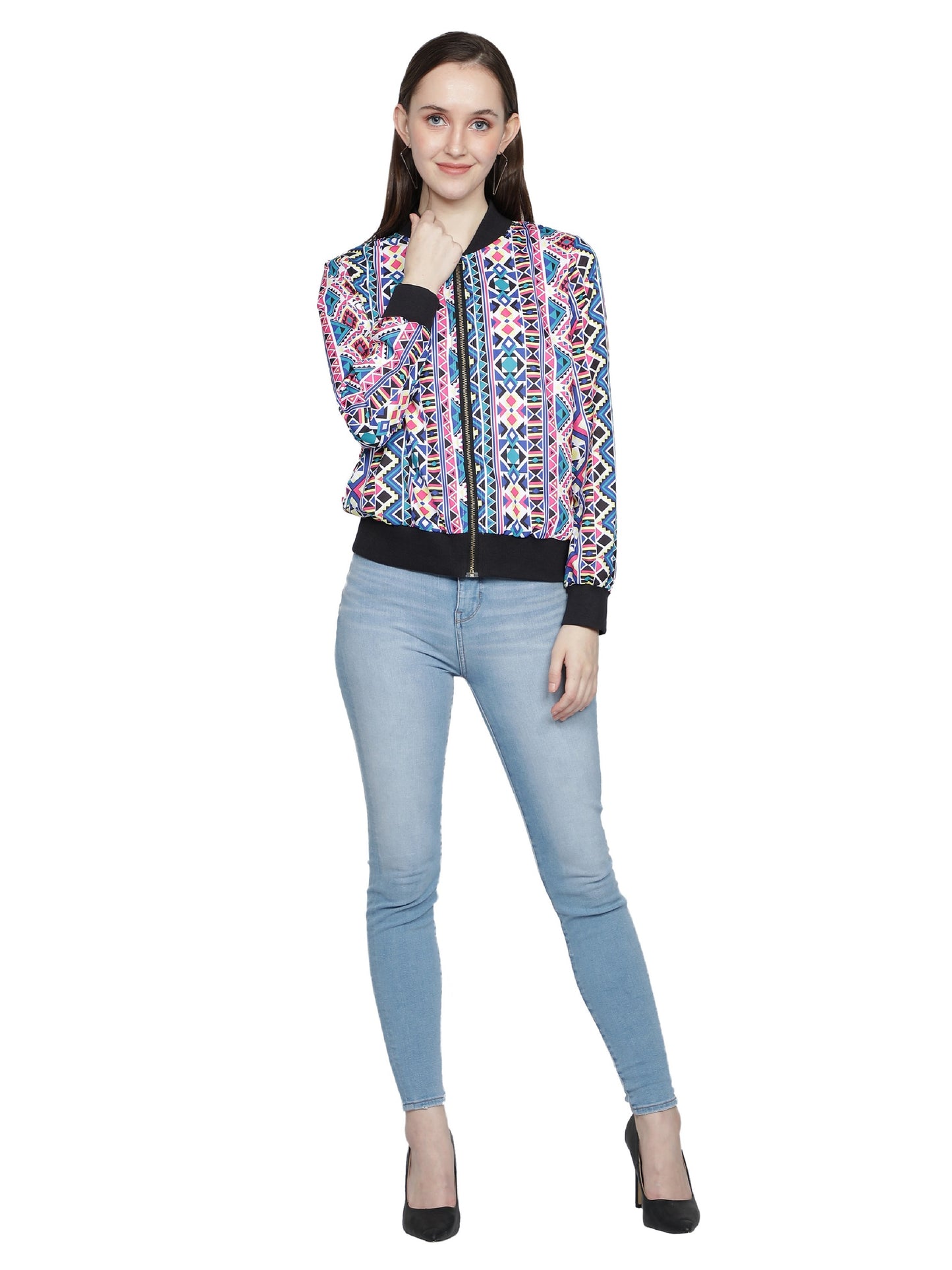 NUEVOSDAMAS woman's Bomber Jacket Multicolored Geometric Pink