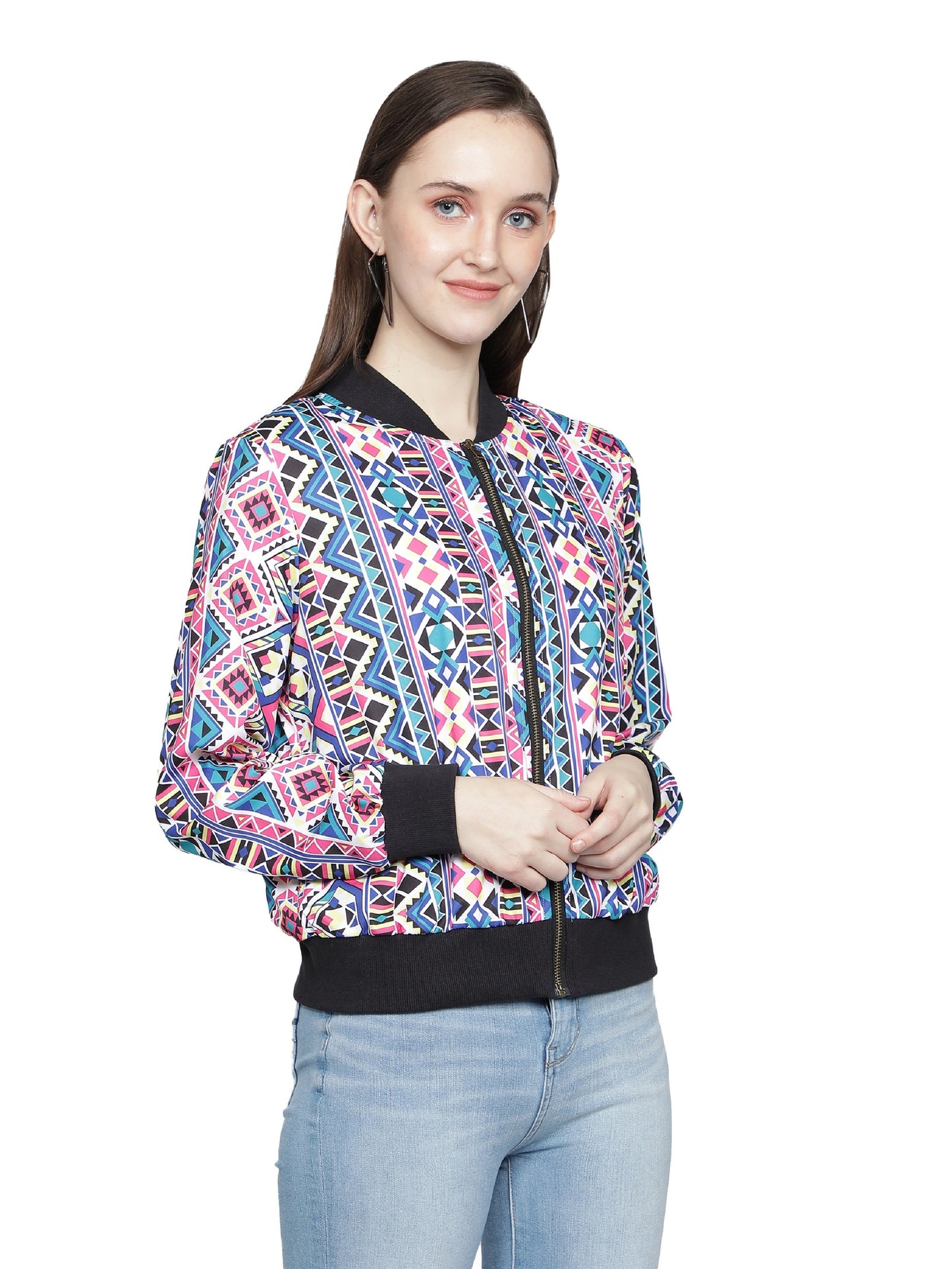 NUEVOSDAMAS woman's Bomber Jacket Multicolored Geometric Pink