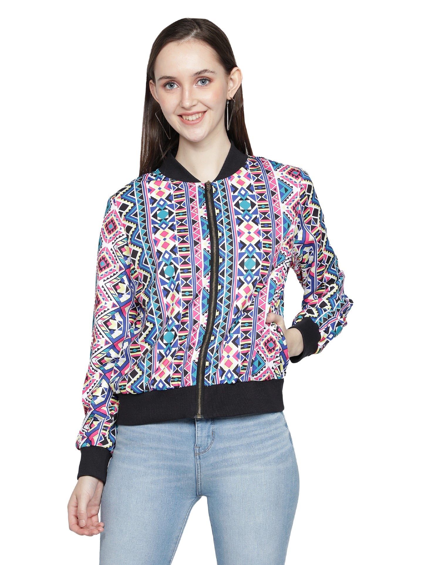 NUEVOSDAMAS woman's Bomber Jacket Multicolored Geometric Pink