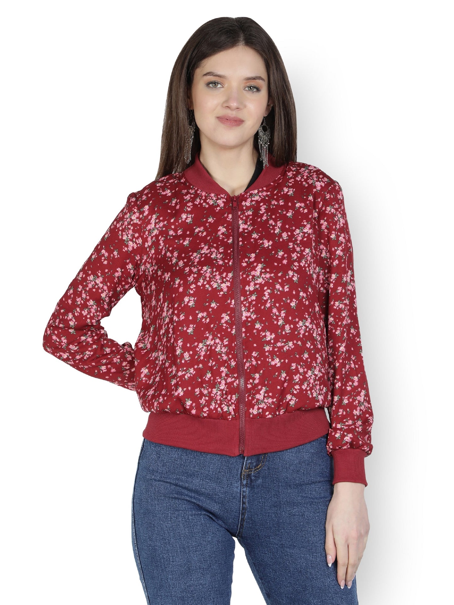 American Crepe Floral Print Red Color Light Weight Jacket For Women/ Full Sleeve Printed Women Bomber Jacket