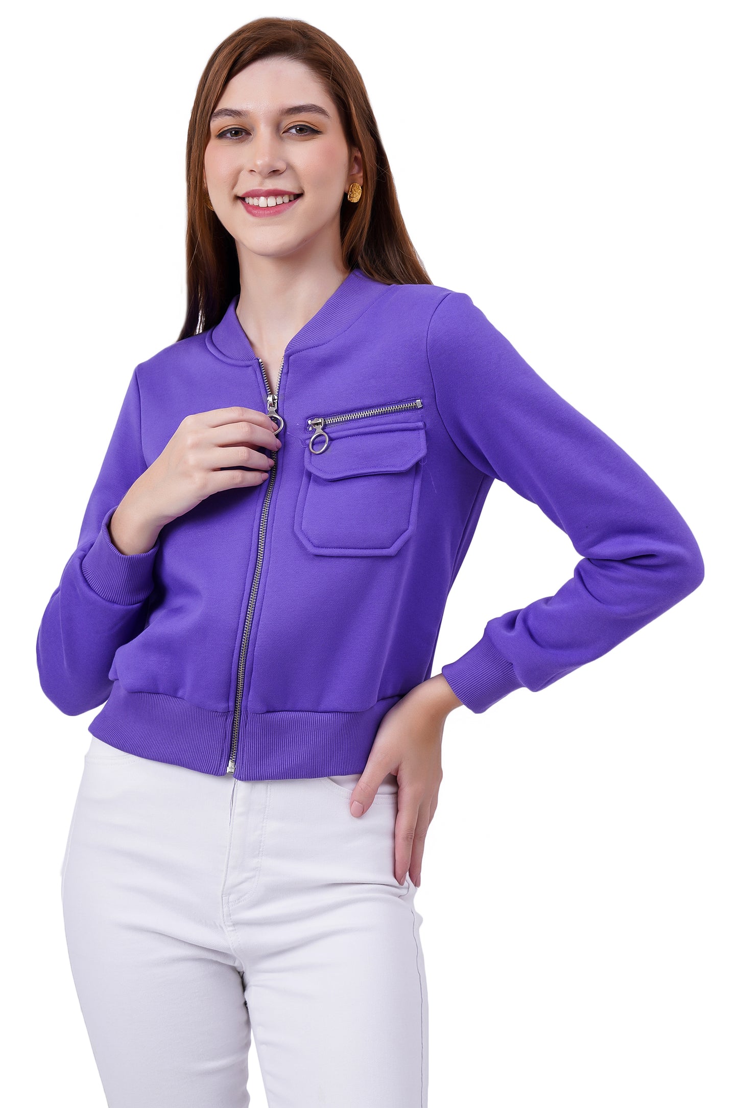 Women Full Sleeve Solid Fleece Jacket ( Purple )