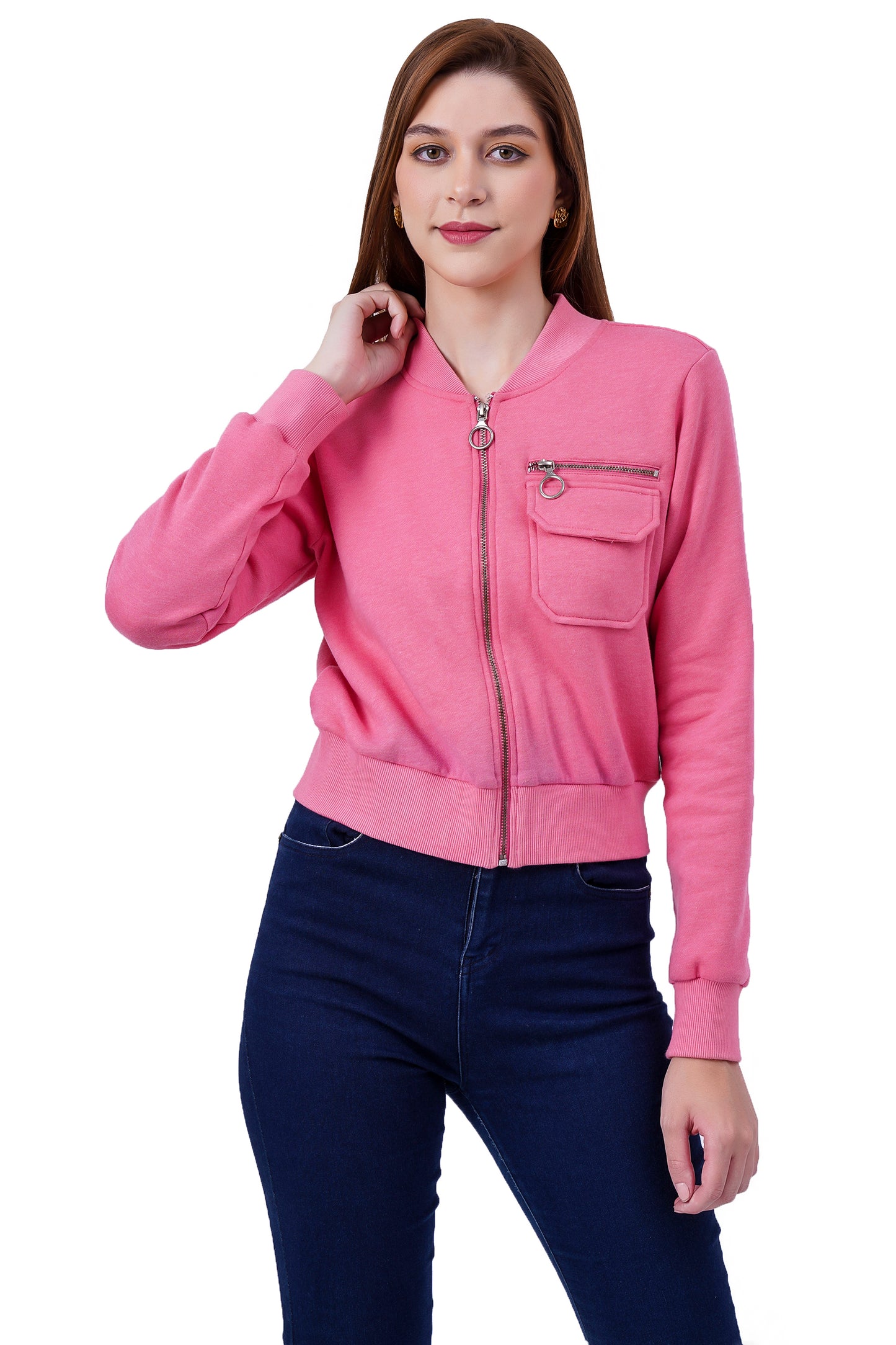 Women Full Sleeve Solid Fleece Jacket ( Peach )