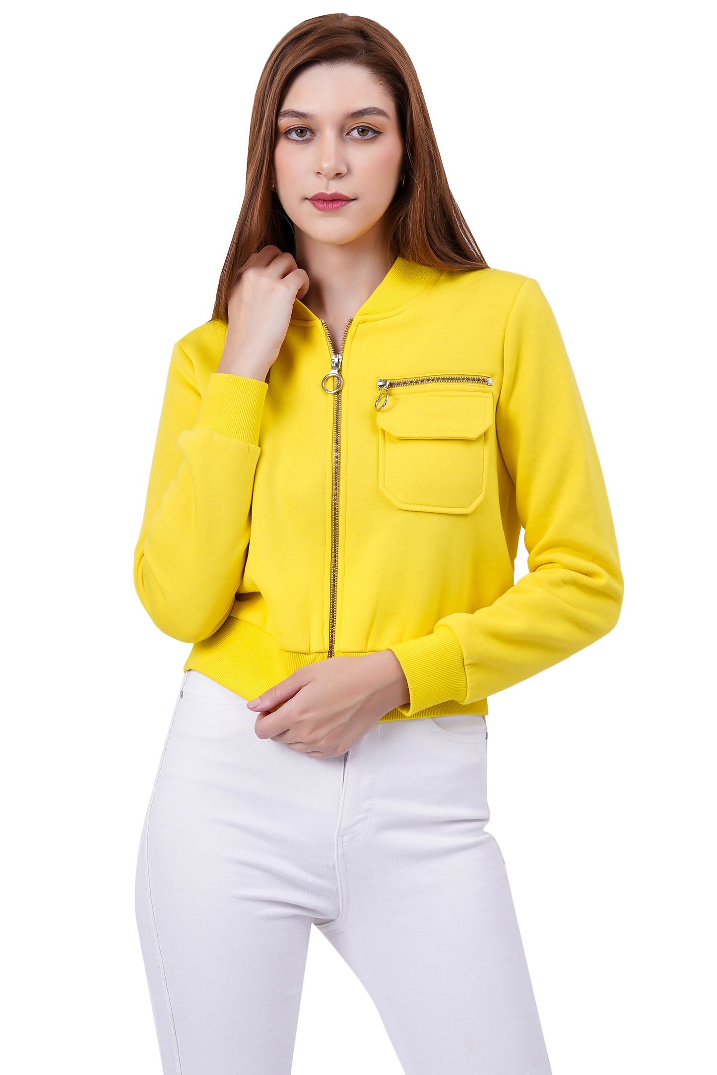 Women Full Sleeve Solid Fleece Jacket ( Yellow )