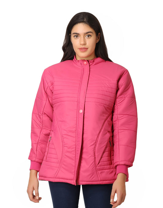 NUEVOSDAMAS Women Solid Pink Full Sleeve Puffer Jacket With Detachable Hood