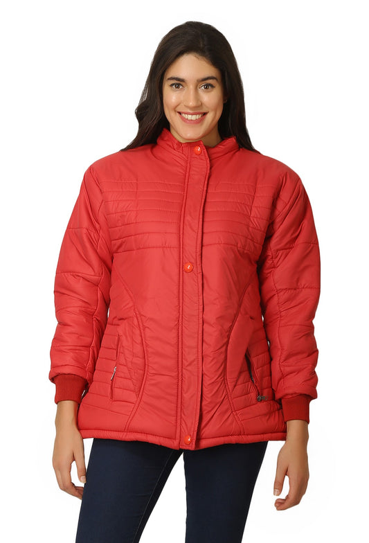 NUEVOSDAMAS Women Solid Red Full Sleeve Puffer Jacket With Detachable Hood