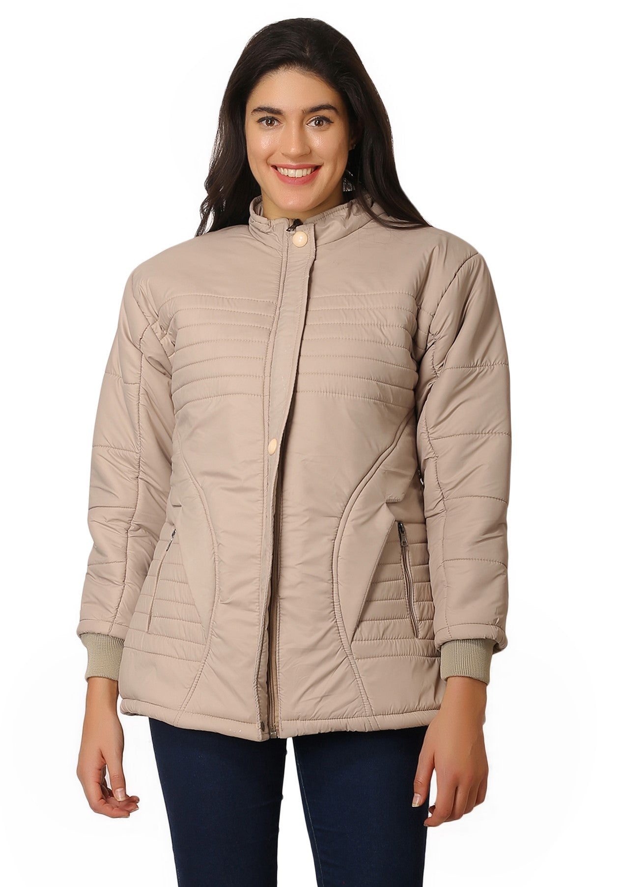 NUEVOSDAMAS Women Solid Beige Full Sleeve Puffer Jacket With Detachable Hood