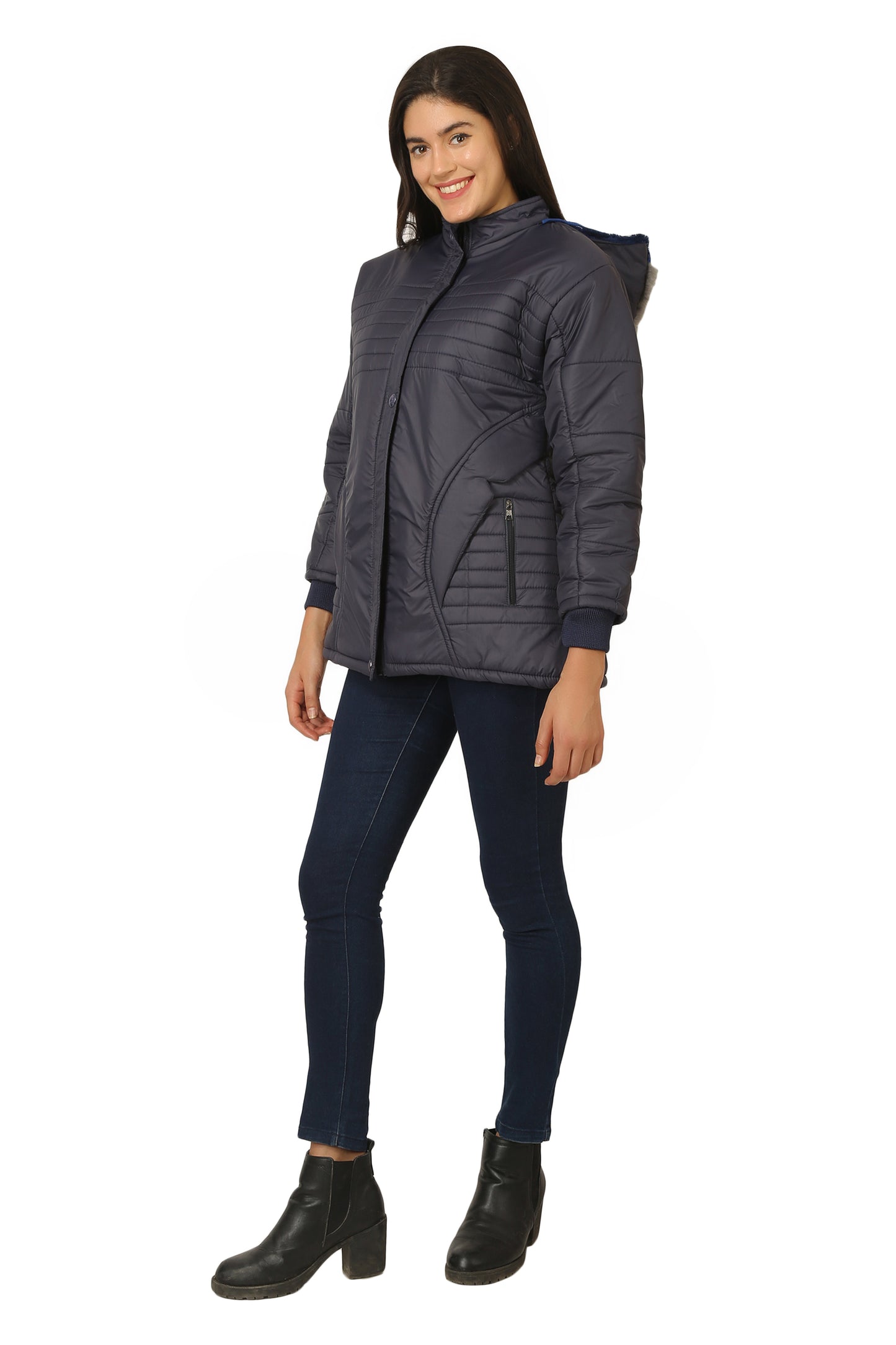 NUEVOSDAMAS Women Solid Blue Full Sleeve Puffer Jacket With Detachable Hood