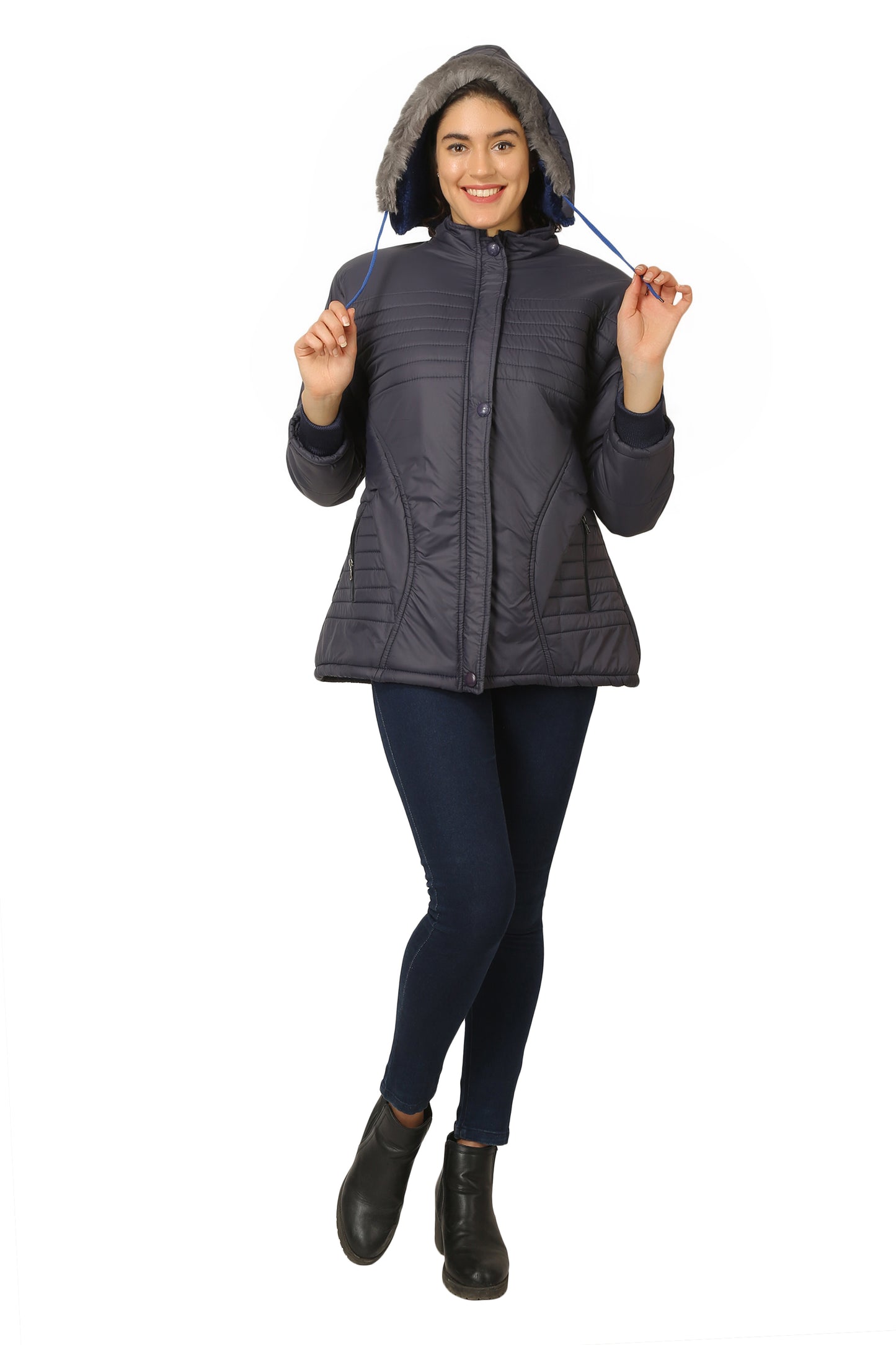 NUEVOSDAMAS Women Solid Blue Full Sleeve Puffer Jacket With Detachable Hood