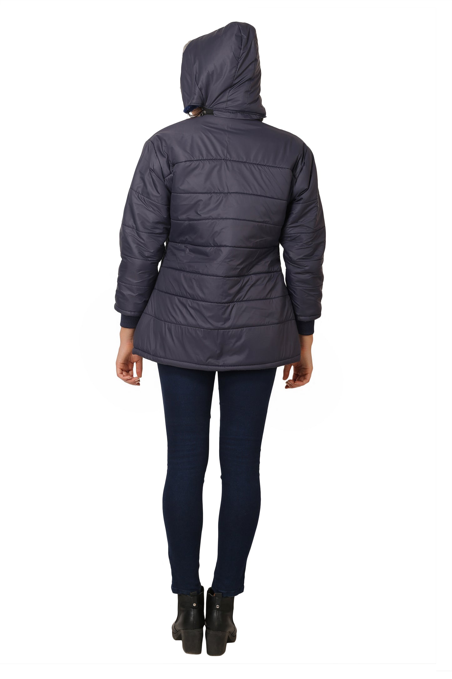 NUEVOSDAMAS Women Solid Blue Full Sleeve Puffer Jacket With Detachable Hood