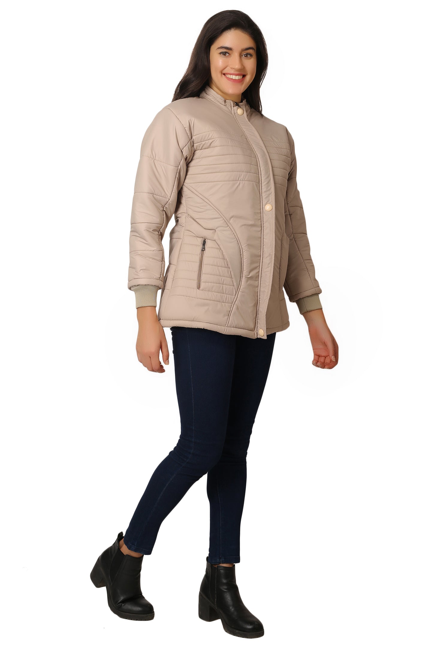 NUEVOSDAMAS Women Solid Beige Full Sleeve Puffer Jacket With Detachable Hood