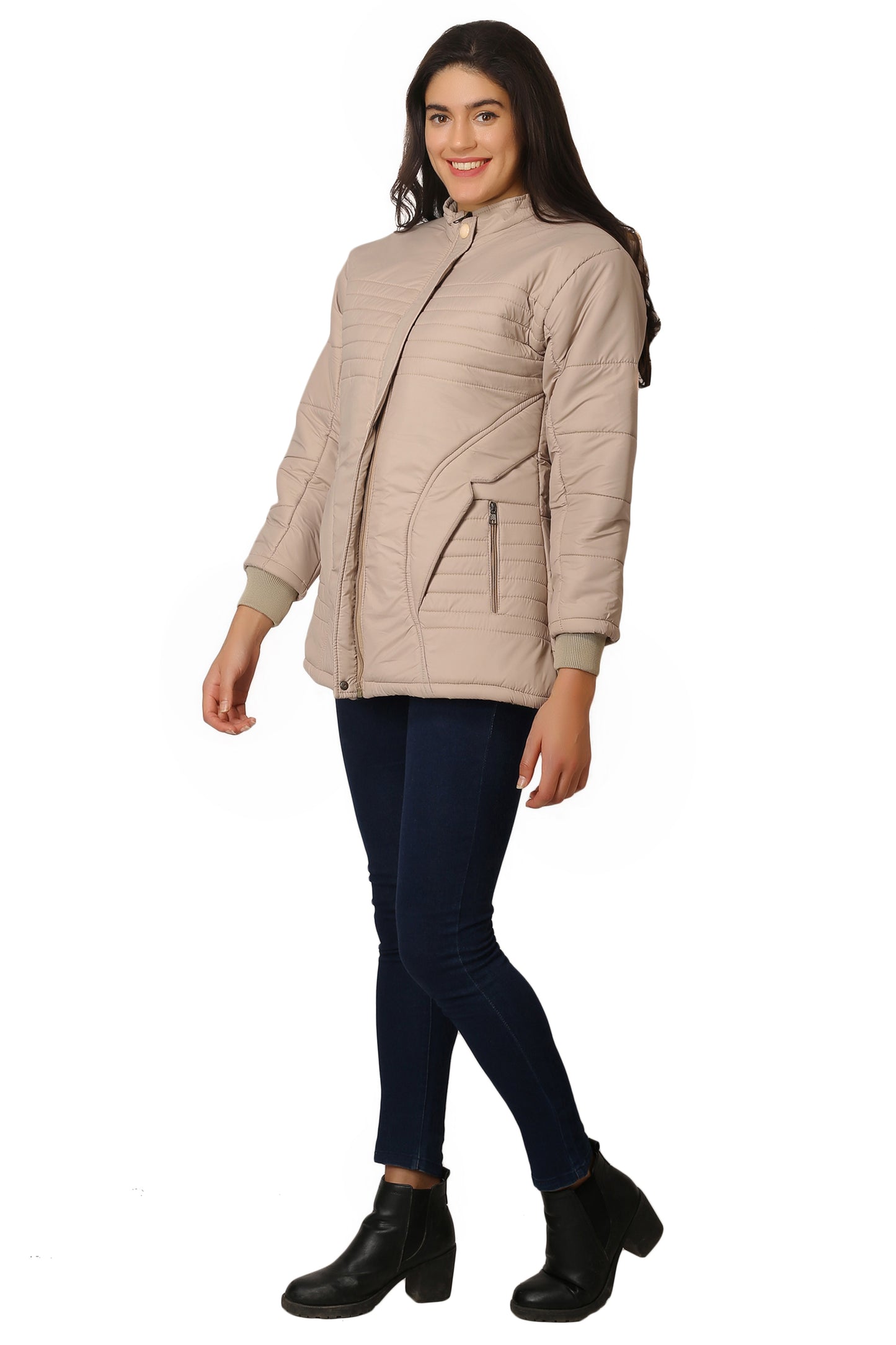 NUEVOSDAMAS Women Solid Beige Full Sleeve Puffer Jacket With Detachable Hood