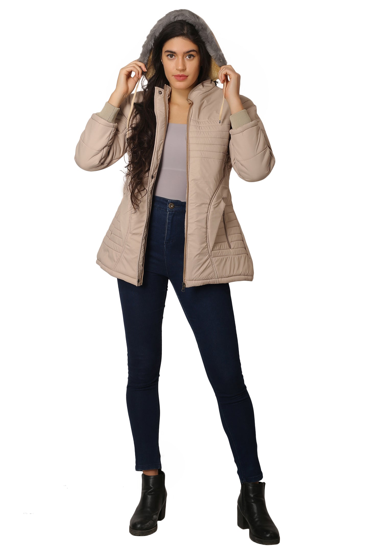 NUEVOSDAMAS Women Solid Beige Full Sleeve Puffer Jacket With Detachable Hood