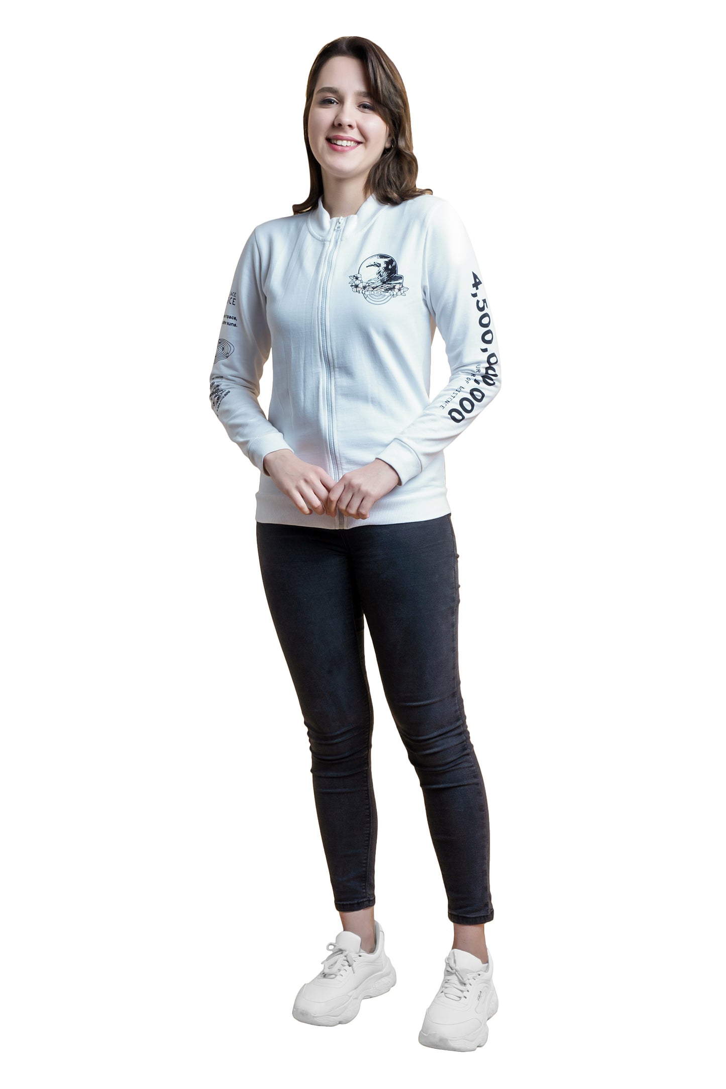 NUEVOSDAMAS Cotton Terry Full Sleeve White Printed Sweatshirt