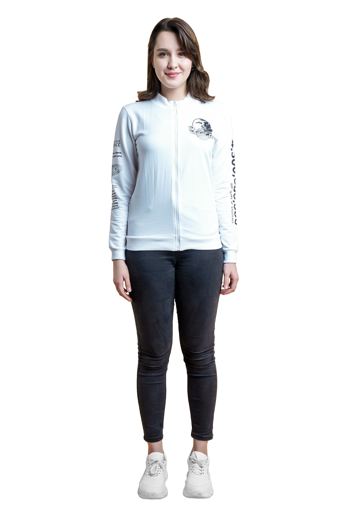 NUEVOSDAMAS Cotton Terry Full Sleeve White Printed Sweatshirt