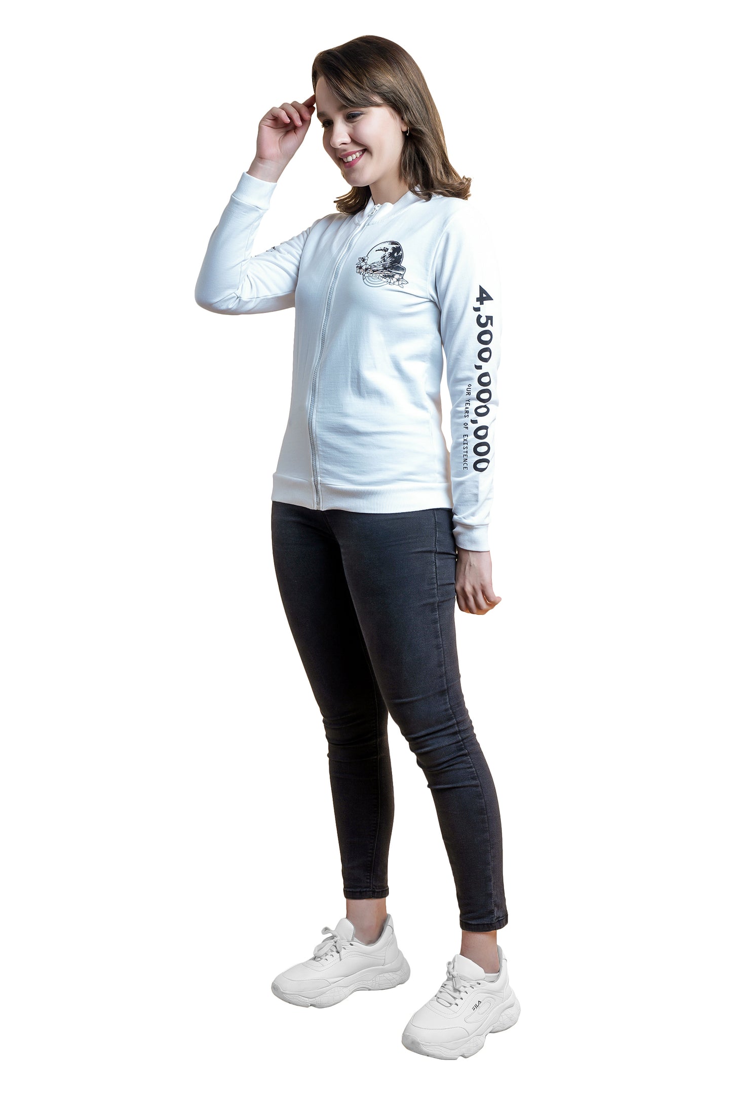 NUEVOSDAMAS Cotton Terry Full Sleeve White Printed Sweatshirt