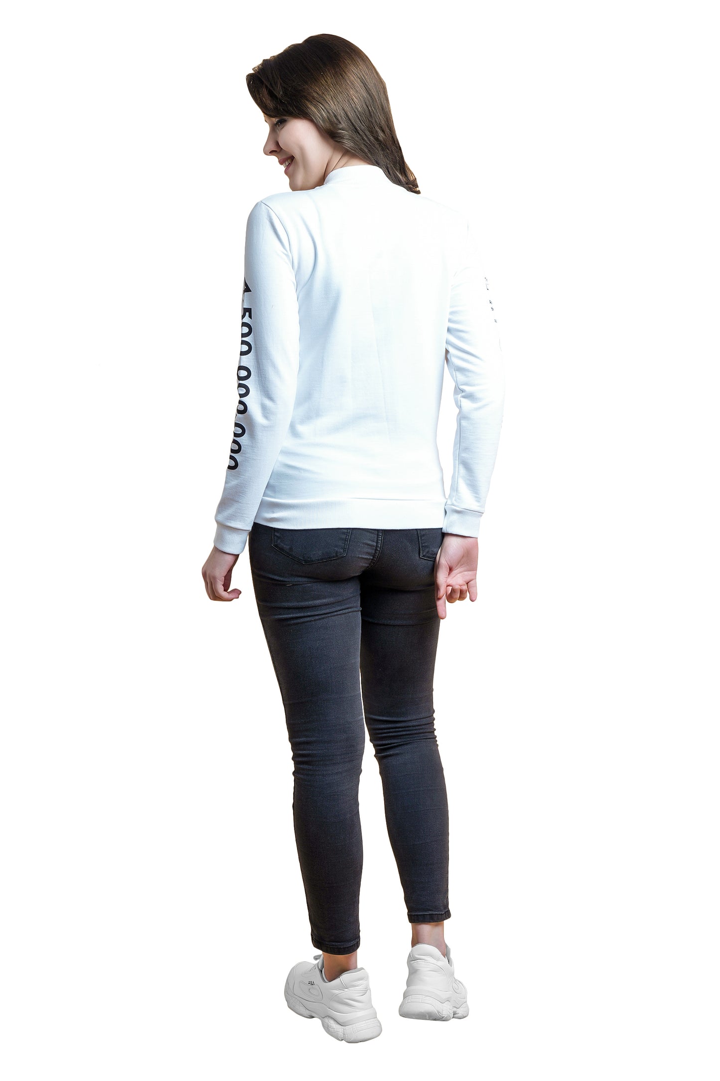 NUEVOSDAMAS Cotton Terry Full Sleeve White Printed Sweatshirt