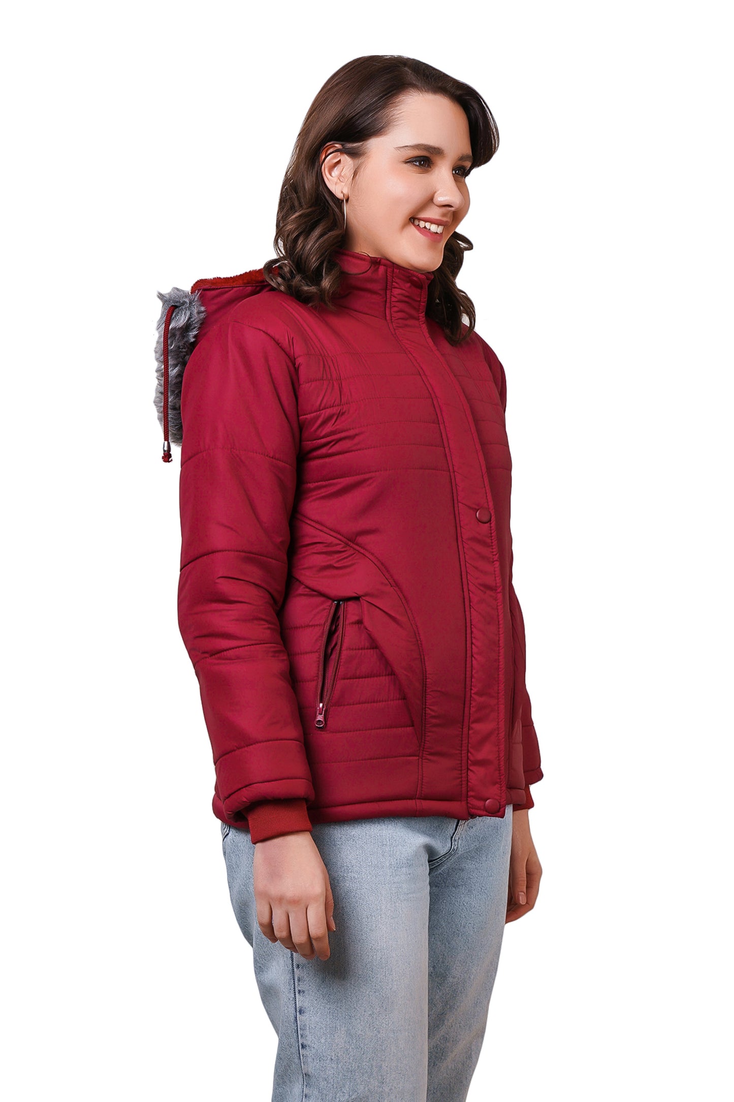 NUEVOSDAMAS Women Solid Maroon Full Sleeve Puffer Jacket With Detachable Hood
