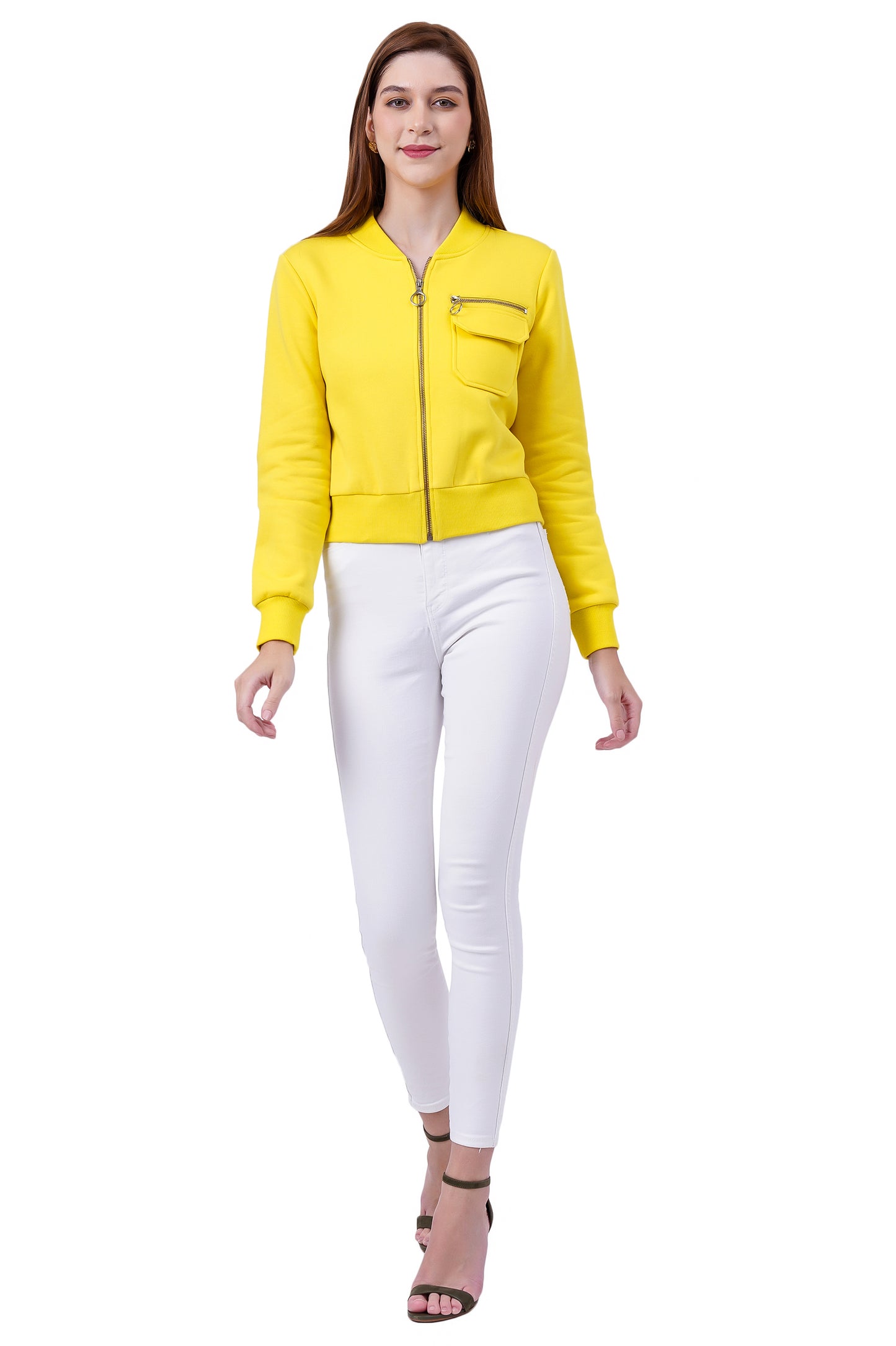 Women Full Sleeve Solid Fleece Jacket ( Yellow )