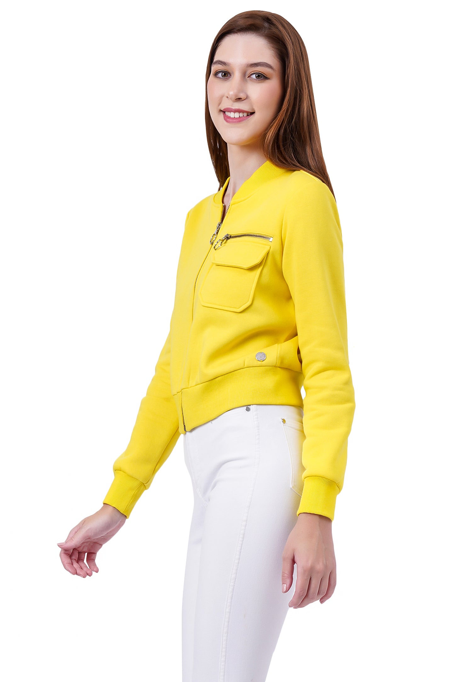 Women Full Sleeve Solid Fleece Jacket ( Yellow )