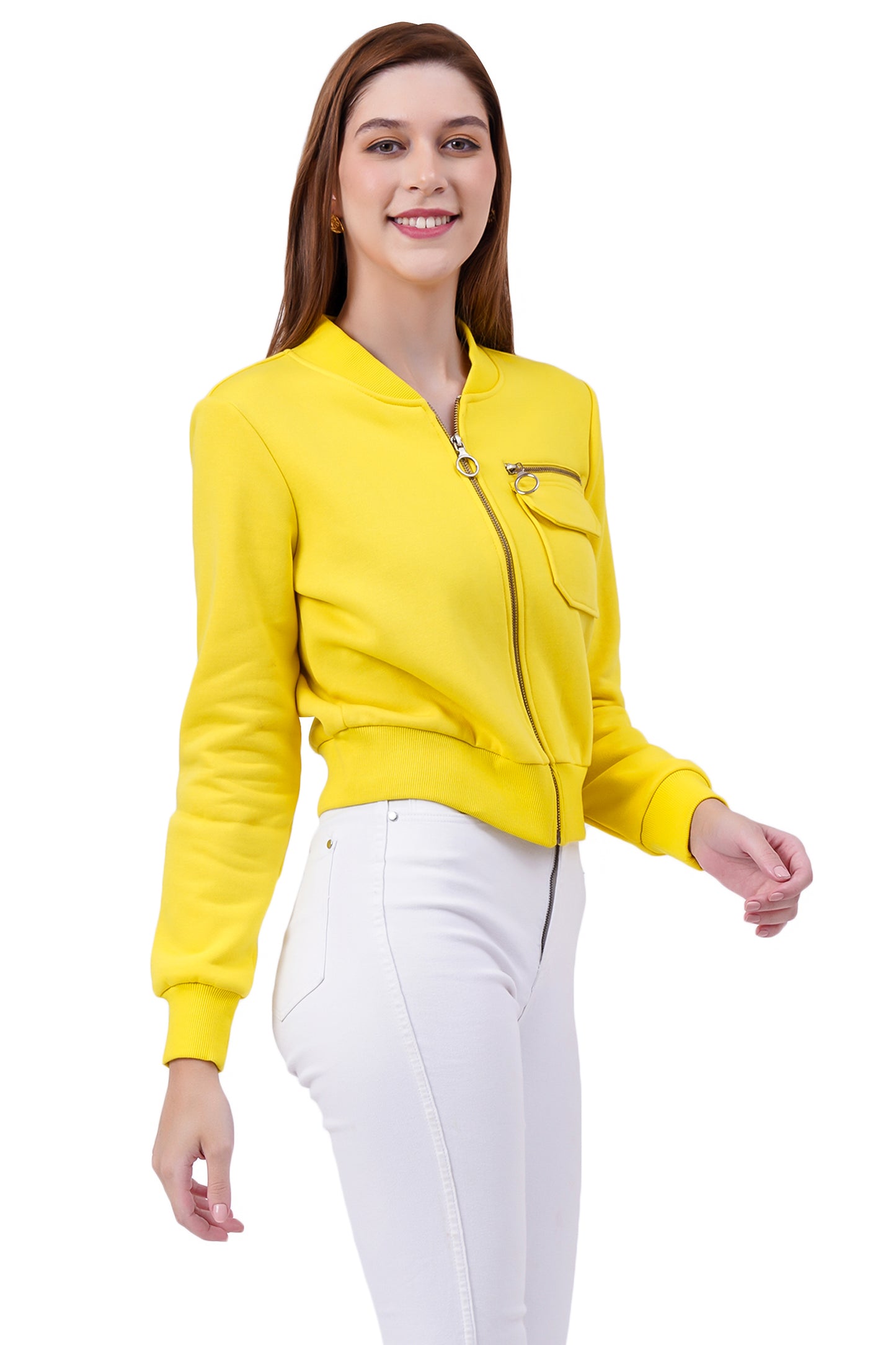 Women Full Sleeve Solid Fleece Jacket ( Yellow )