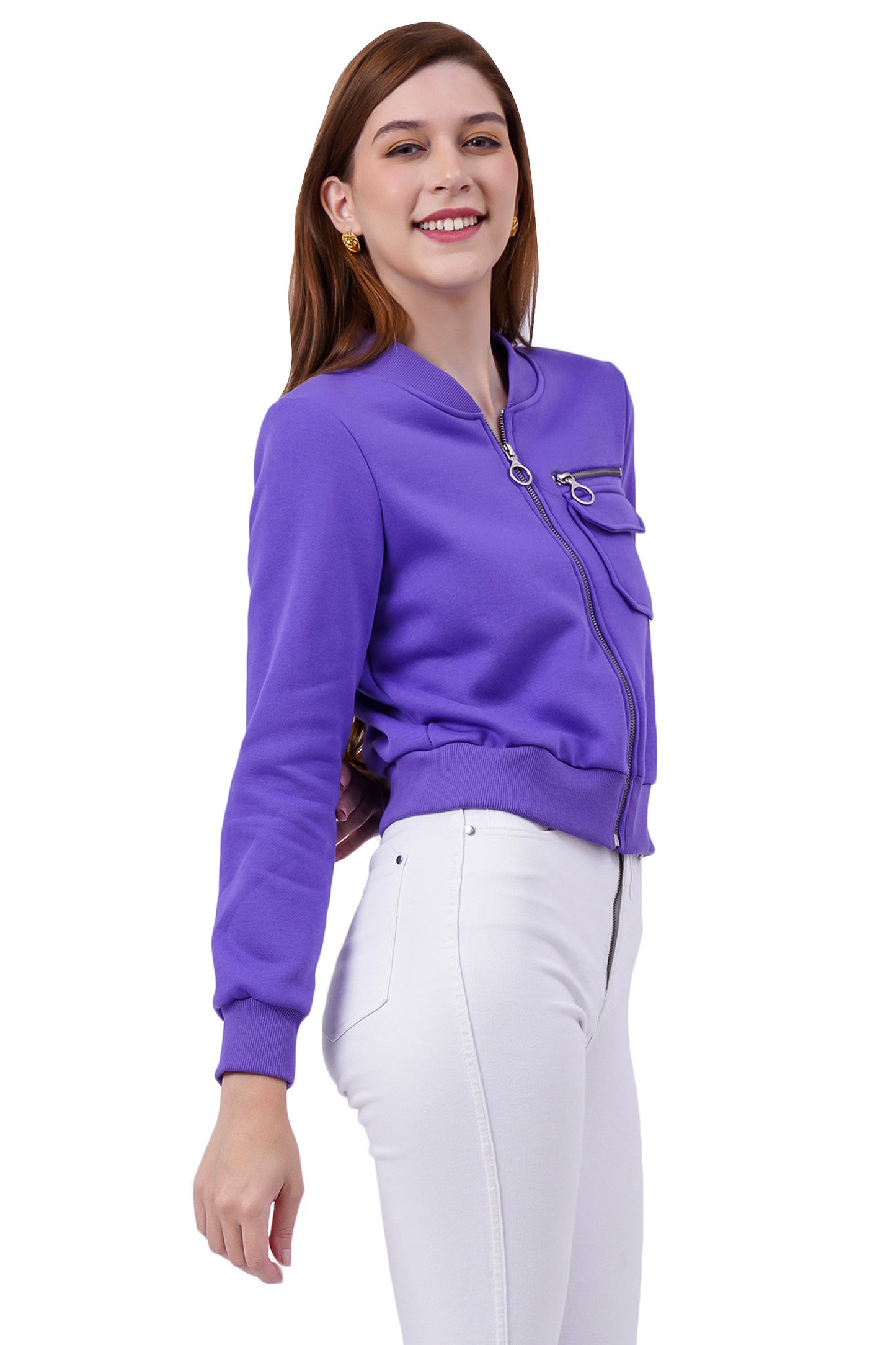 Women Full Sleeve Solid Fleece Jacket ( Purple )