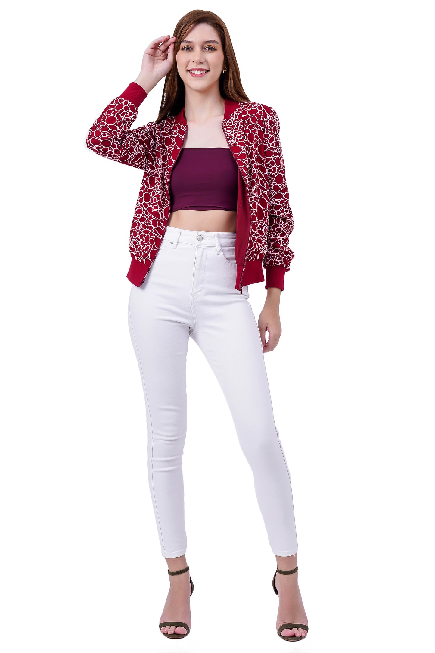 NUEVOSDAMAS Circle Printed Maroon Bomber Jacket