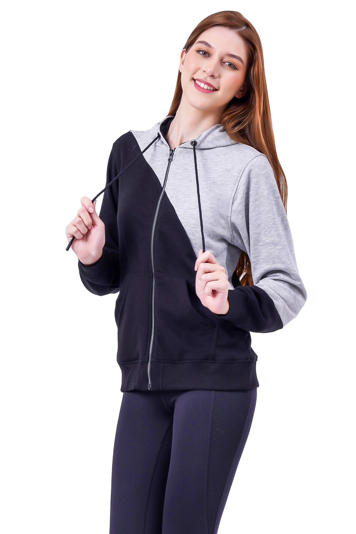 NUEVOSDAMAS Cotton Terry Solid Blocks Hooded Sweatshirt - Grey/Black