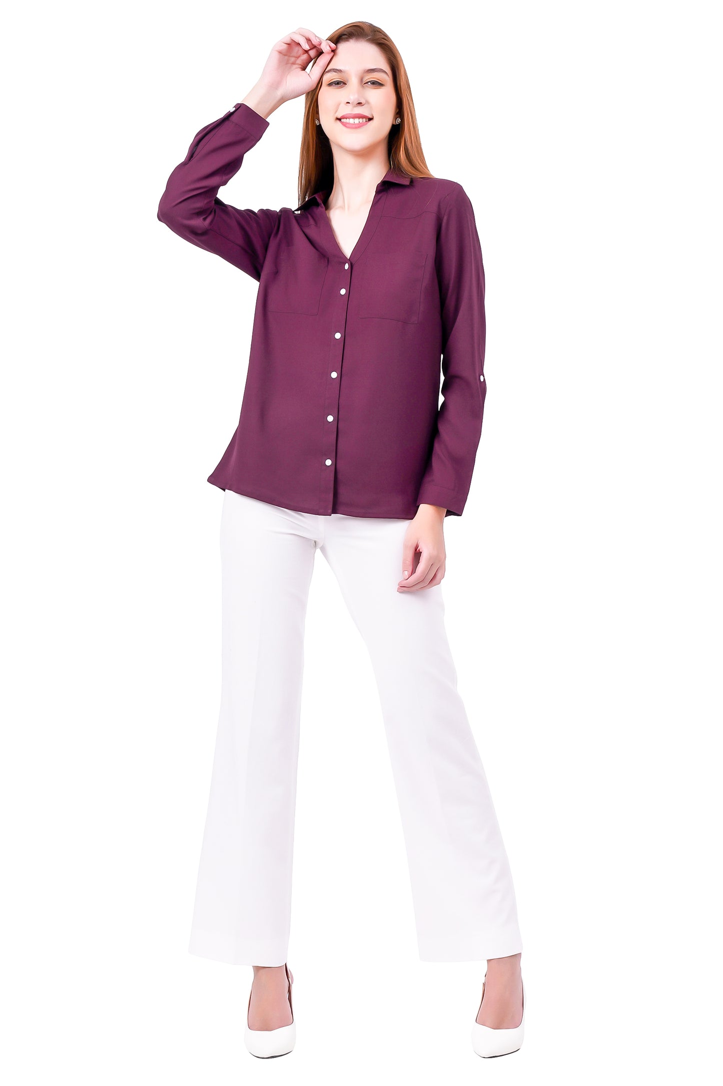 NUEVOSDAMAS Solid Wine Casual/Formal Women Full Sleeve Shirt