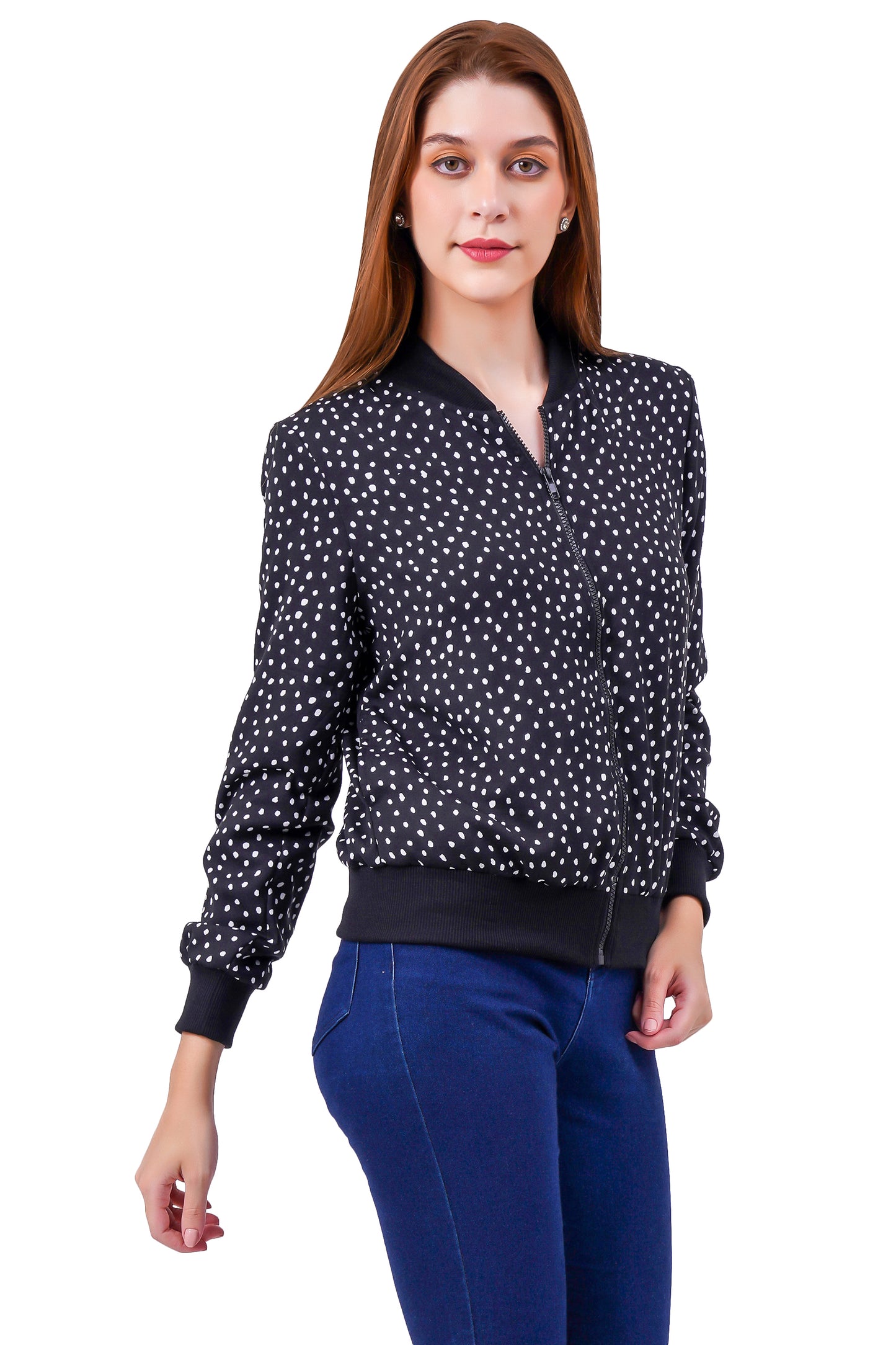 NUEVOSDAMAS Oval Dot Printed Black Bomber Jacket