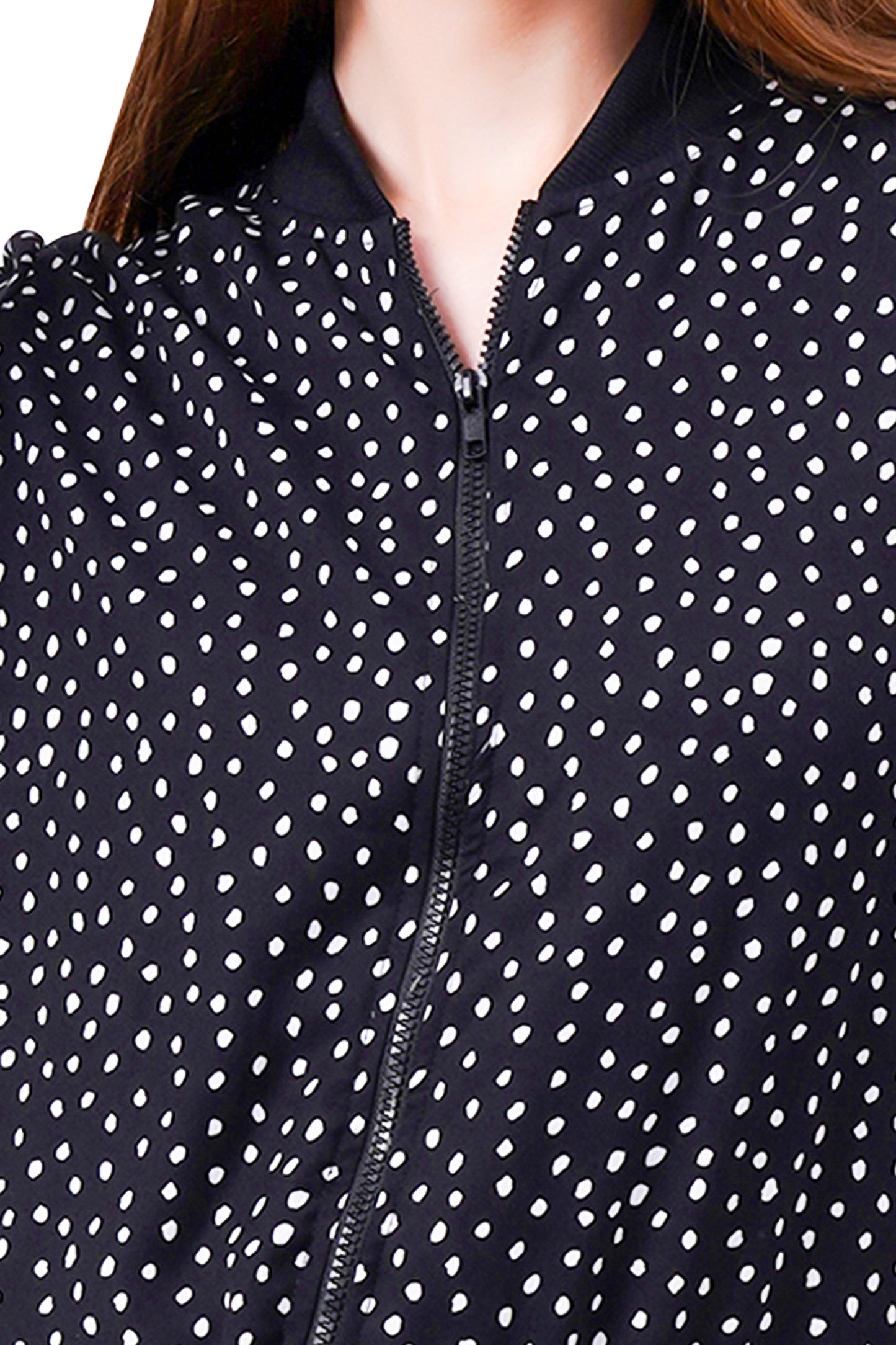 NUEVOSDAMAS Oval Dot Printed Black Bomber Jacket