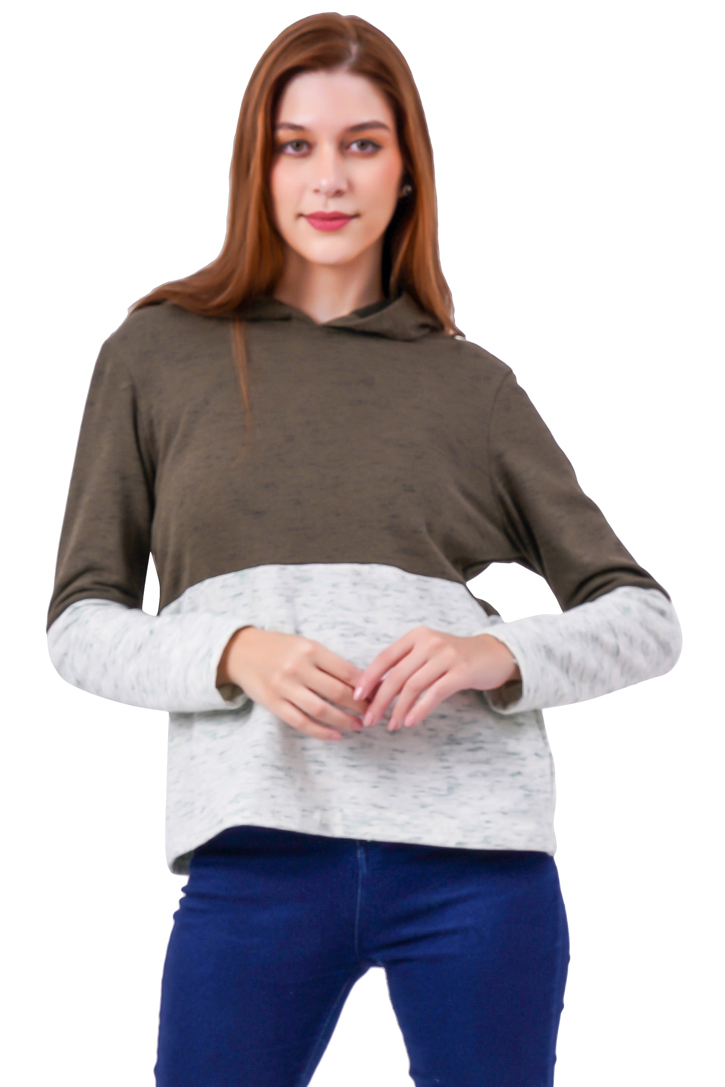 NUEVOSDAMAS Cotton Terry Full Sleeve Block Pattern Printed Sweatshirt Olive/Ivory