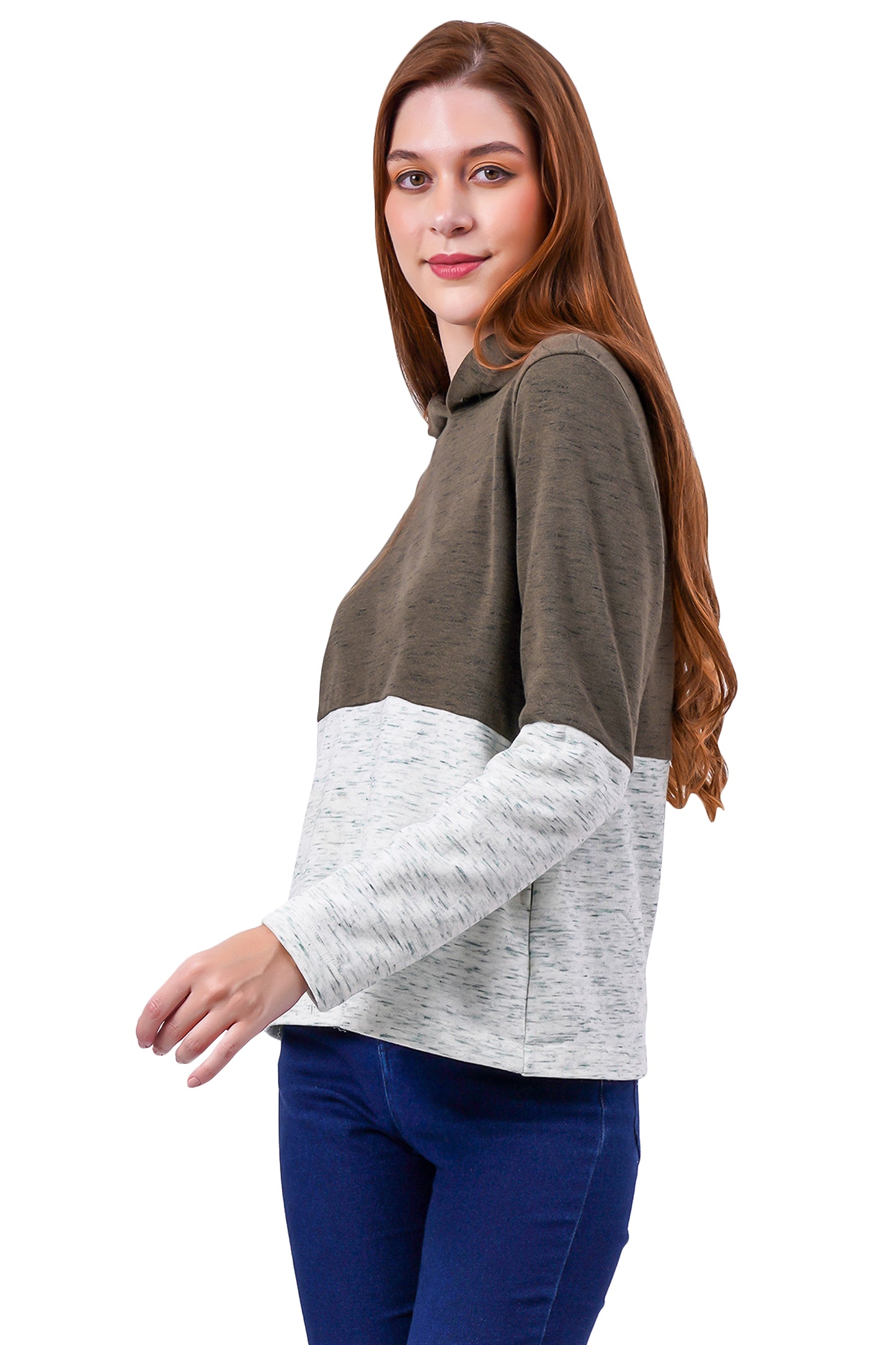 NUEVOSDAMAS Cotton Terry Full Sleeve Block Pattern Printed Sweatshirt Olive/Ivory