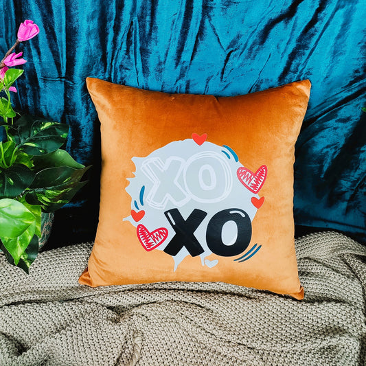 Valentine's Day Velvet Printed Cushion | XOXO Printed Cushion Gift | Valentine Gift for Boyfriend Girlfriend | Couples Gift for Him / Her |16x16 Inch_ Mustard