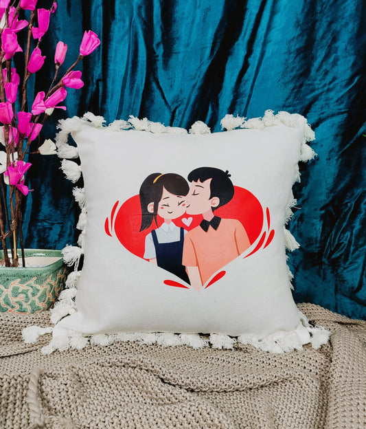 Valentine's Day Cotton Printed Cushion | Cute Couple Printed Cushion Gift | Valentine Gift for Boyfriend Girlfriend | Couples Gift for Him / Her |16x16 Inch_ Cream