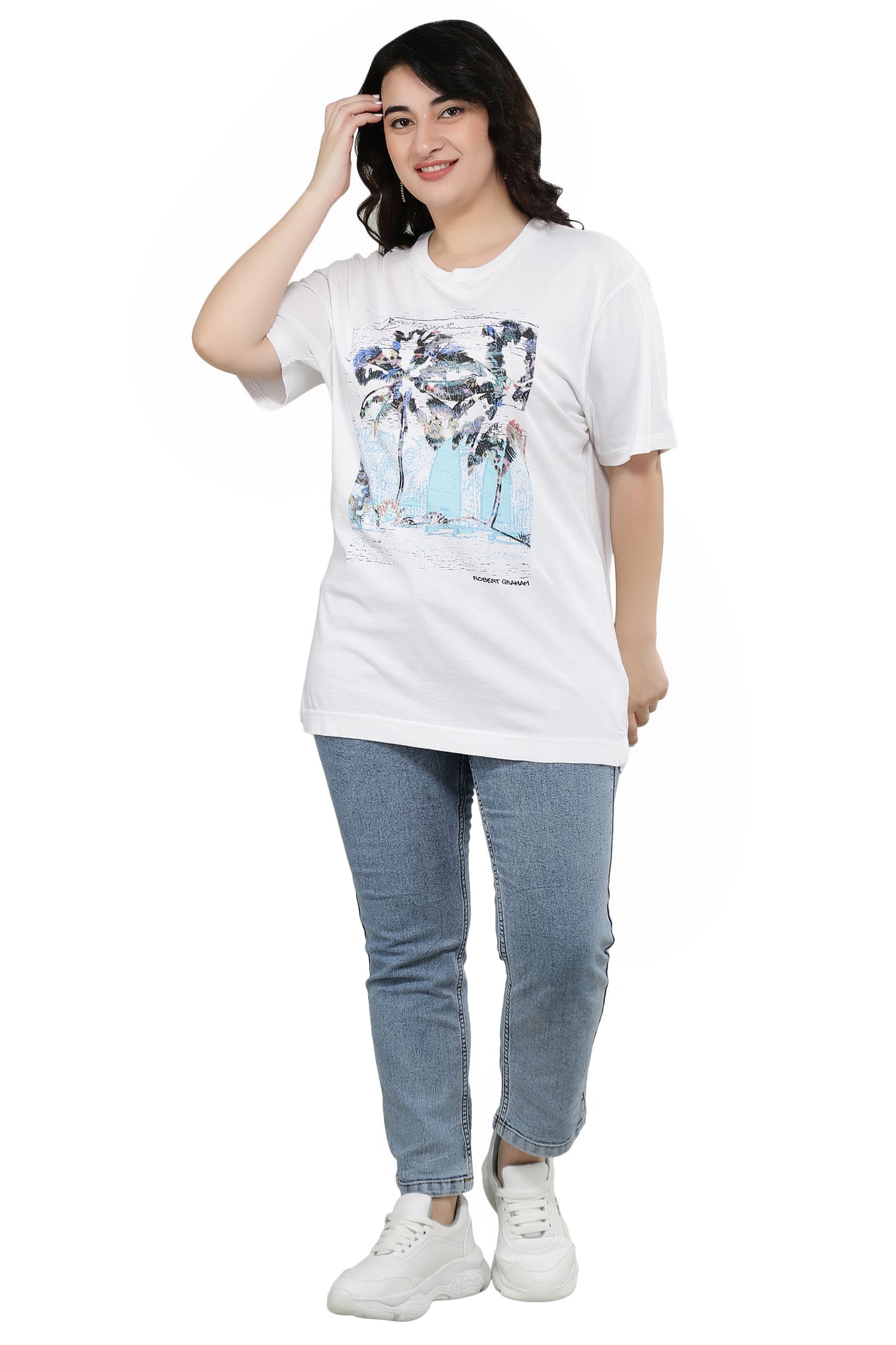 NUEVOSDAMAS Women Cotton Printed Half Sleeve Women's White T-Shirt