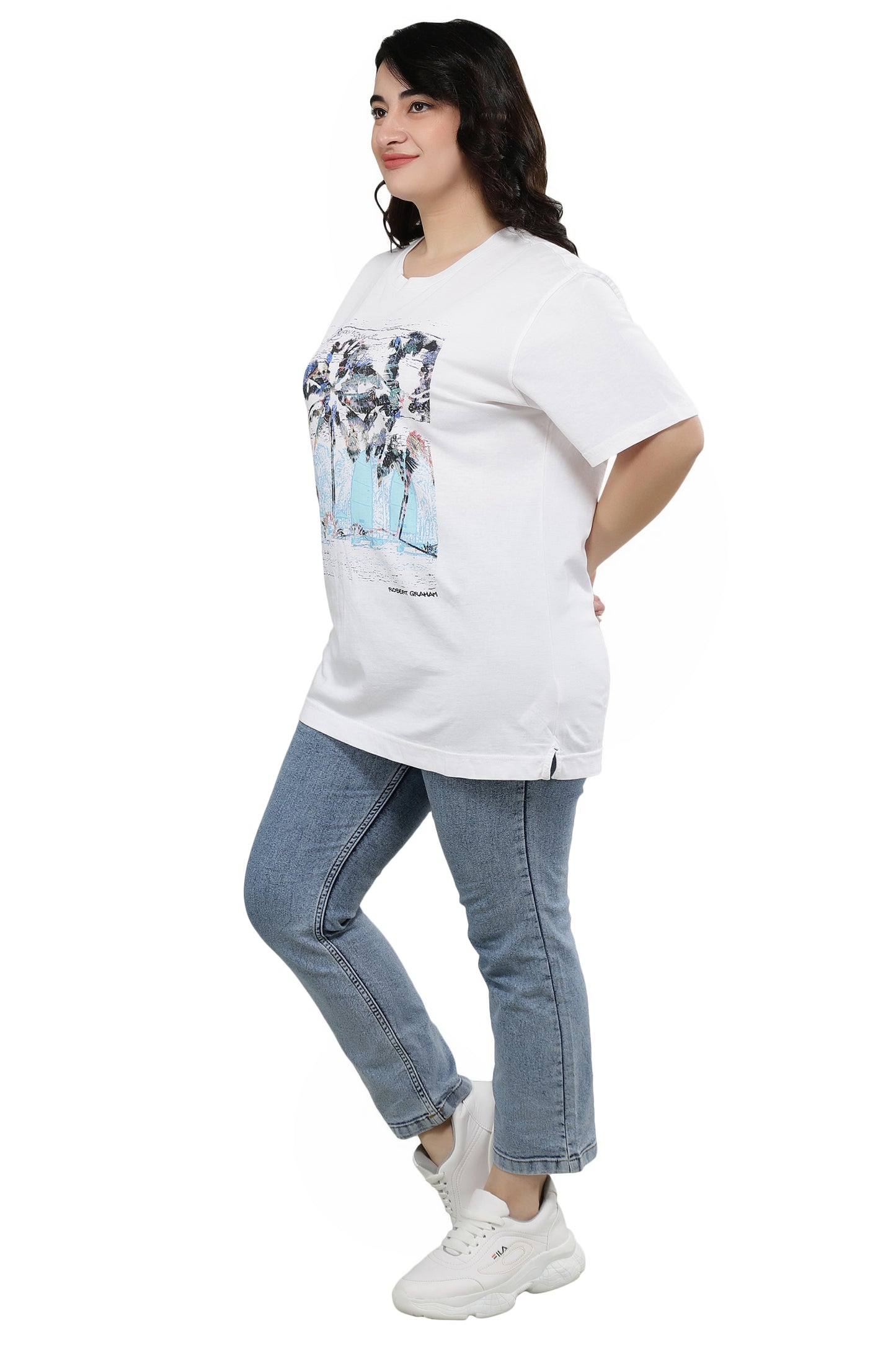 NUEVOSDAMAS Women Cotton Printed Half Sleeve Women's White T-Shirt