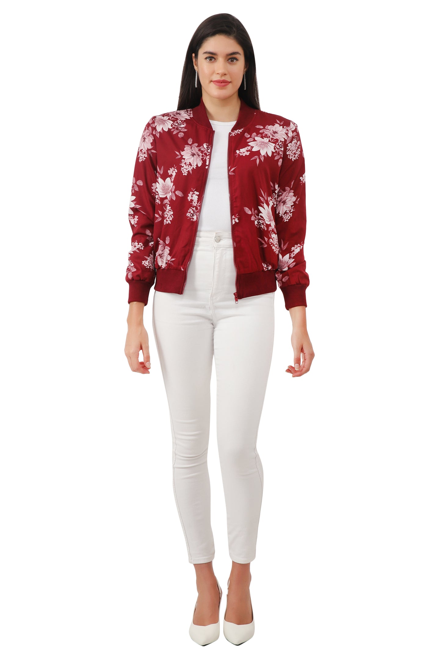 NUEVOSDAMAS Women Printed Full Sleeve Bomber jacket | Latest Stylish Floral Printed Women Jacket | Light Weight Crepe Jacket for women_ Maroon