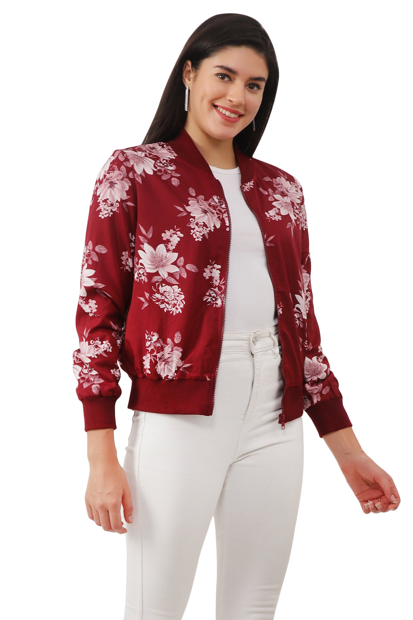 NUEVOSDAMAS Women Printed Full Sleeve Bomber jacket | Latest Stylish Floral Printed Women Jacket | Light Weight Crepe Jacket for women_ Maroon