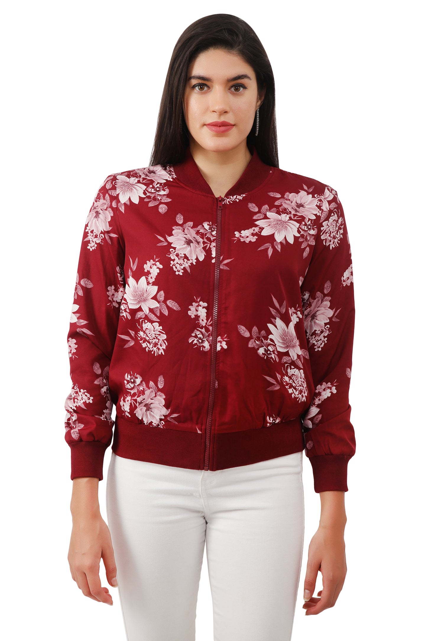 NUEVOSDAMAS Women Printed Full Sleeve Bomber jacket | Latest Stylish Floral Printed Women Jacket | Light Weight Crepe Jacket for women_ Maroon