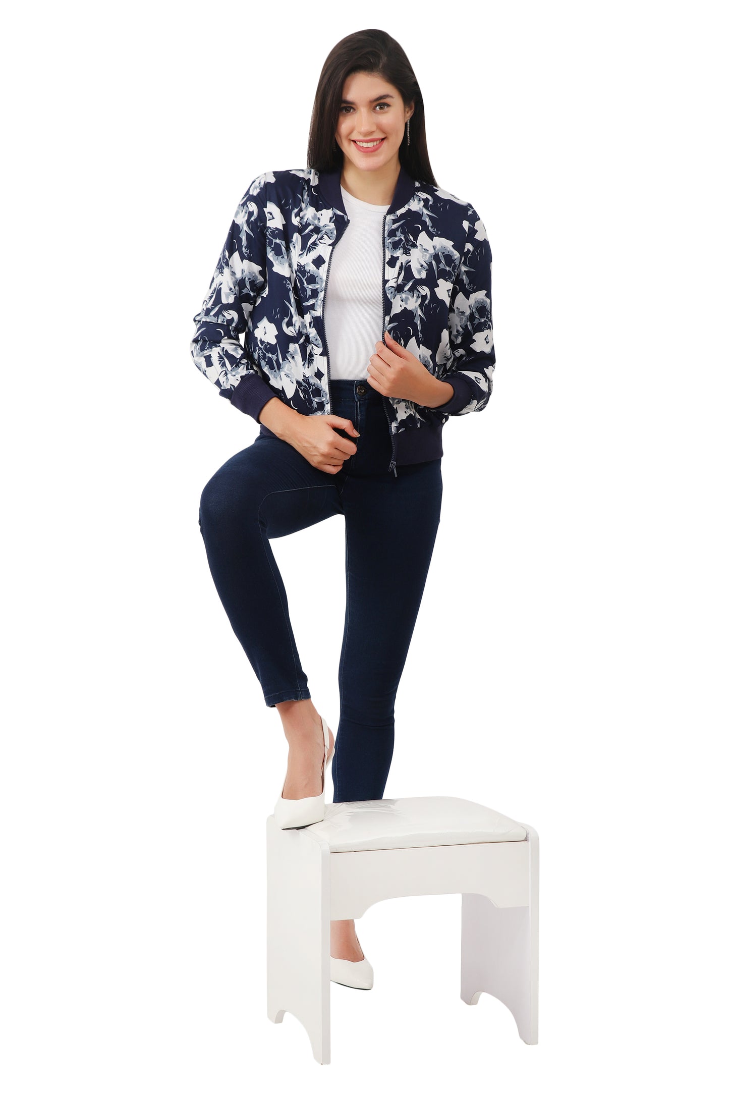 NUEVOSDAMAS Women Printed Full Sleeve Bomber Jacket | Latest Stylish Floral Printed Women Jacket | Light Weight Crepe Jacket for Women_ Navy White