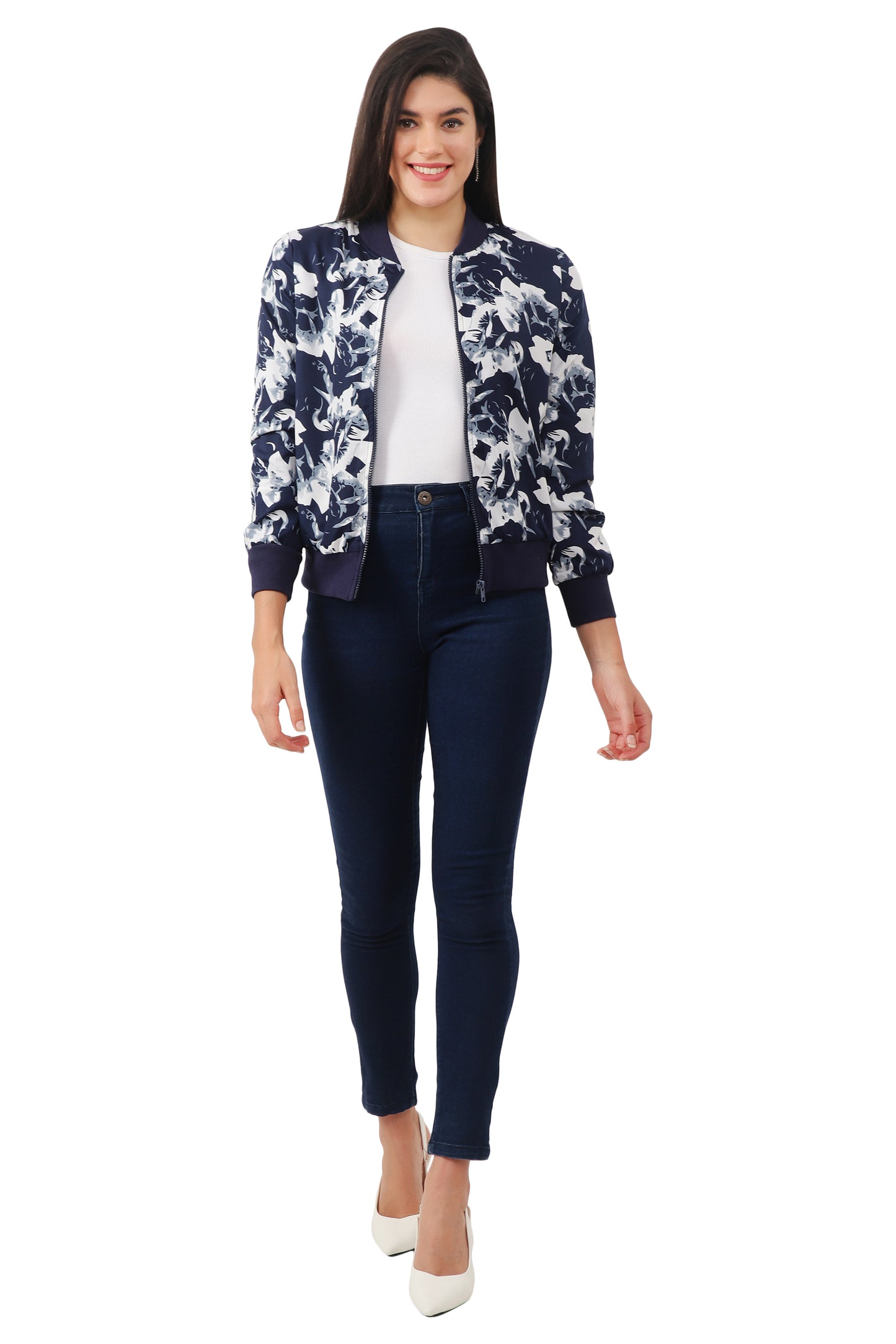 NUEVOSDAMAS Women Printed Full Sleeve Bomber Jacket | Latest Stylish Floral Printed Women Jacket | Light Weight Crepe Jacket for Women_ Navy White