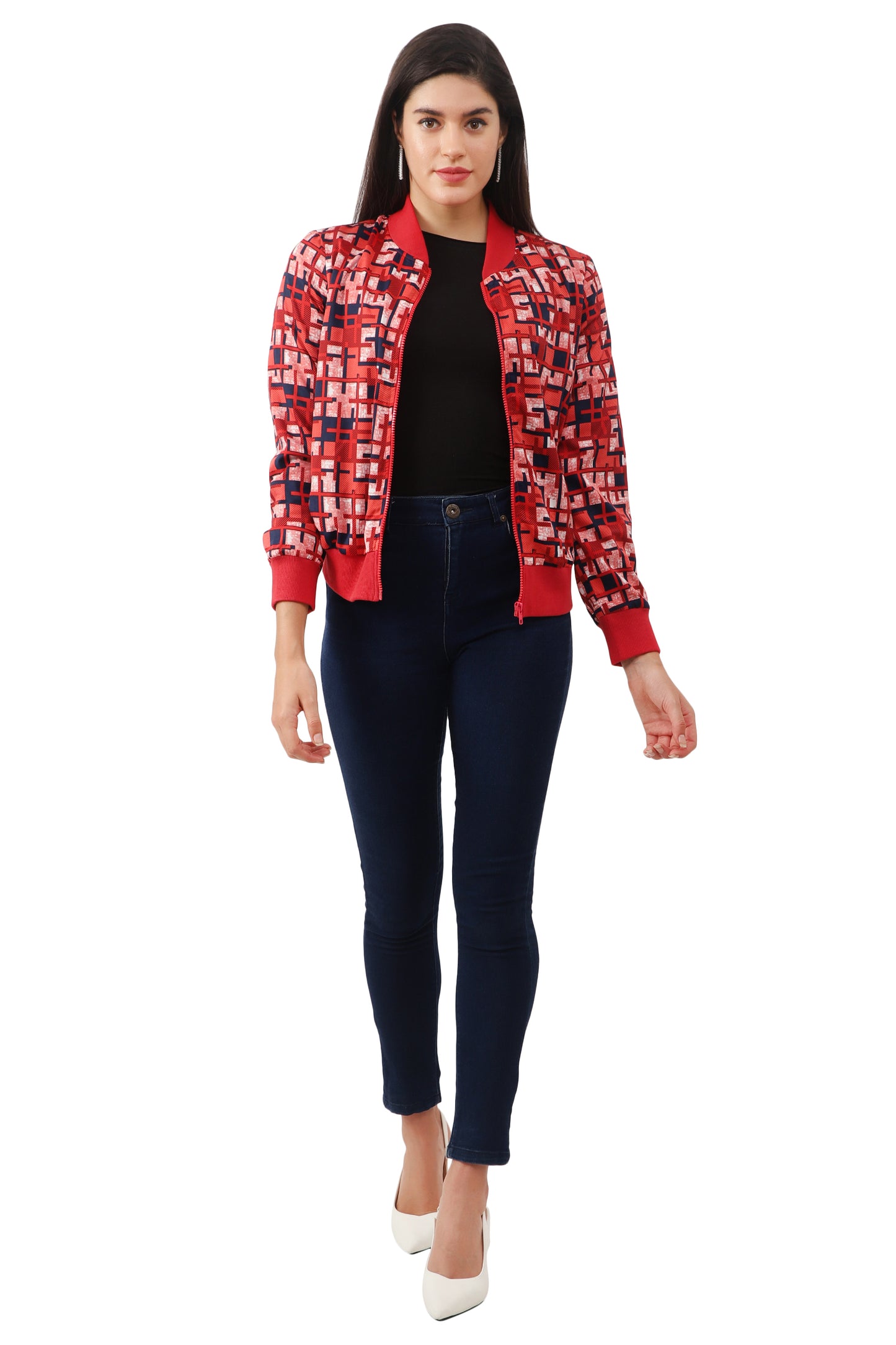 NUEVOSDAMAS Women Printed Full Sleeve Bomber jacket | Latest Stylish Checks Printed Women Jacket | Light Weight Crepe Jacket for women_Red multi